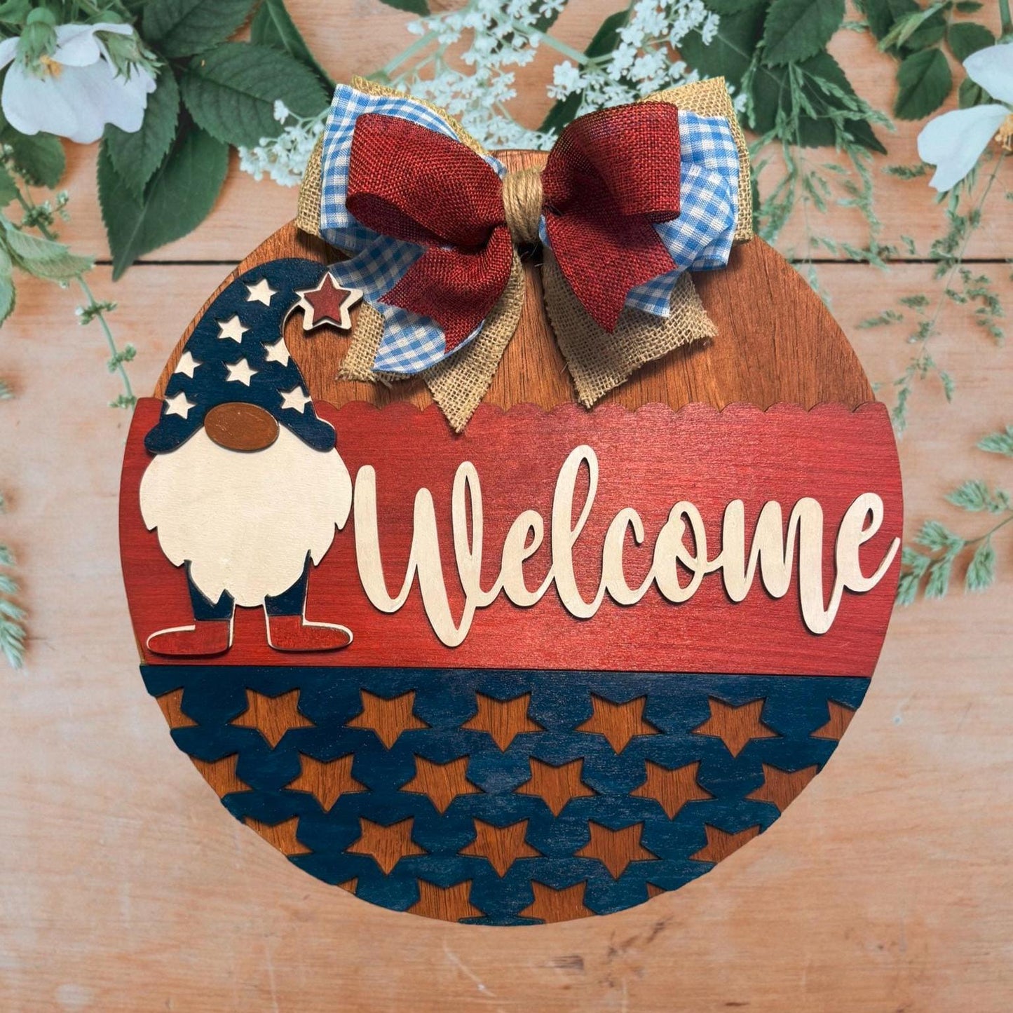 Gnome Patriotic Welcome Sign | 4th of July Porch Decor | Handmade Red White Blue Door Sign | Memorial Day Decor | Summer Gnome Decoration