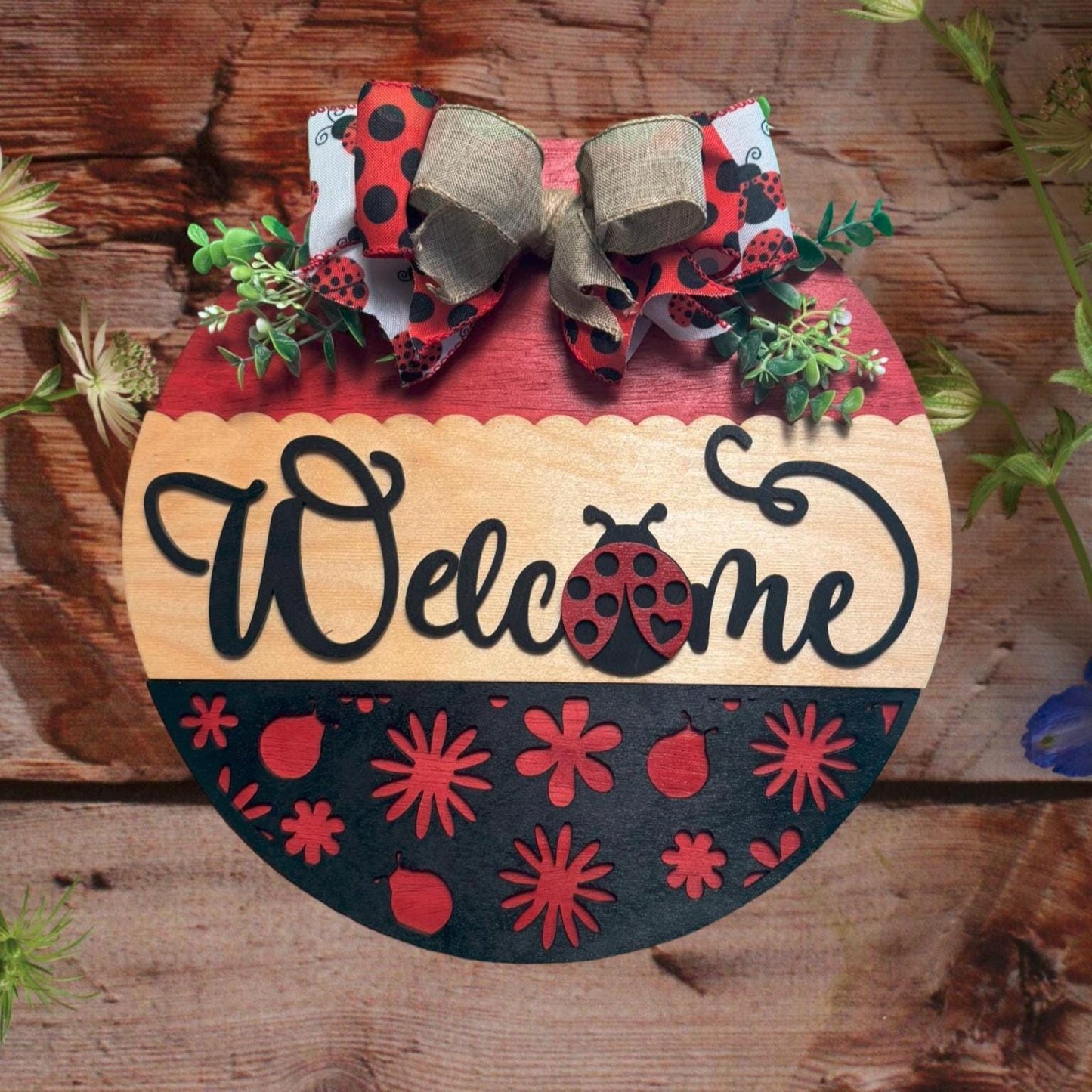 Ladybug Welcome Door Sign | 14" Round Wooden Porch Decor | Spring Summer Front Door Sign | Ladybug Themed Outdoor Decoration