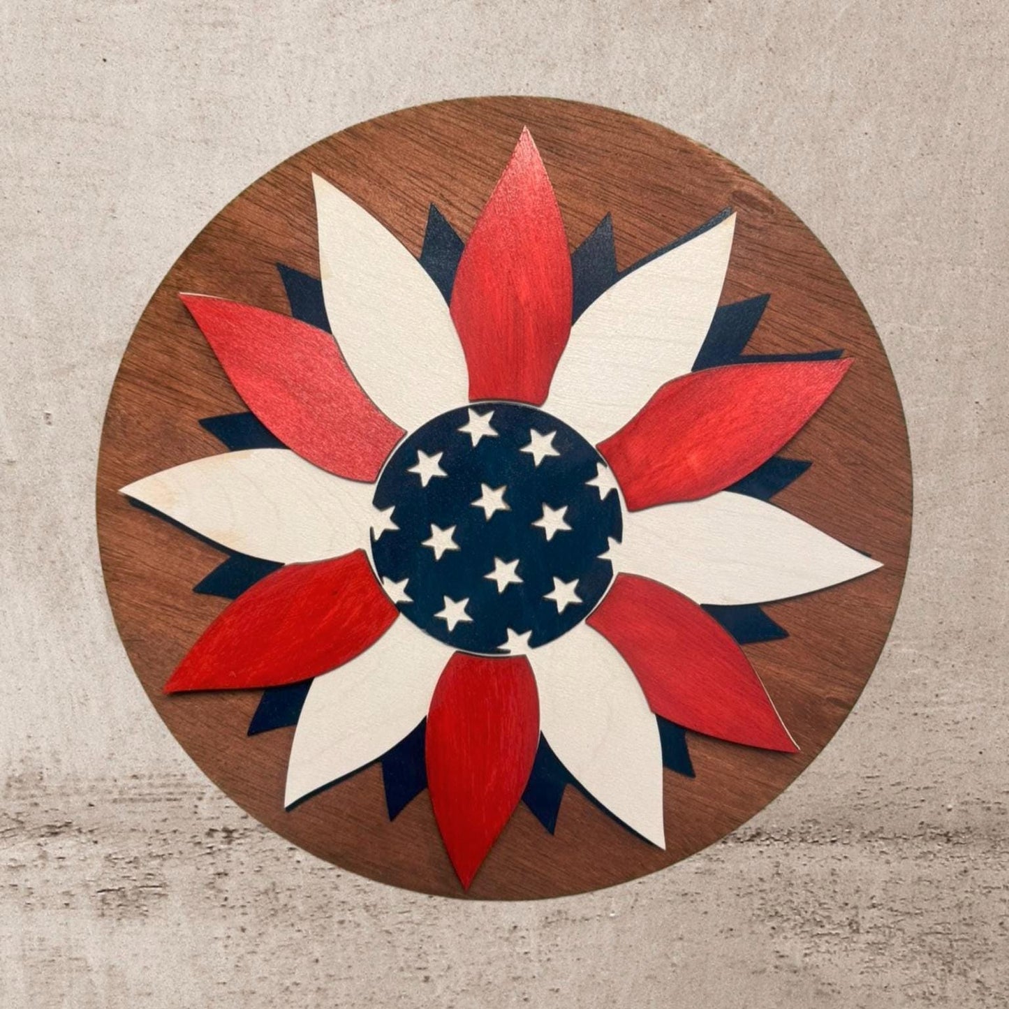Patriotic American Flag Flower Wood Sign | 12.5" Round July 4th Door Hanger | Red White Blue Wall Decor | Memorial Day Decor | Veteran Gift