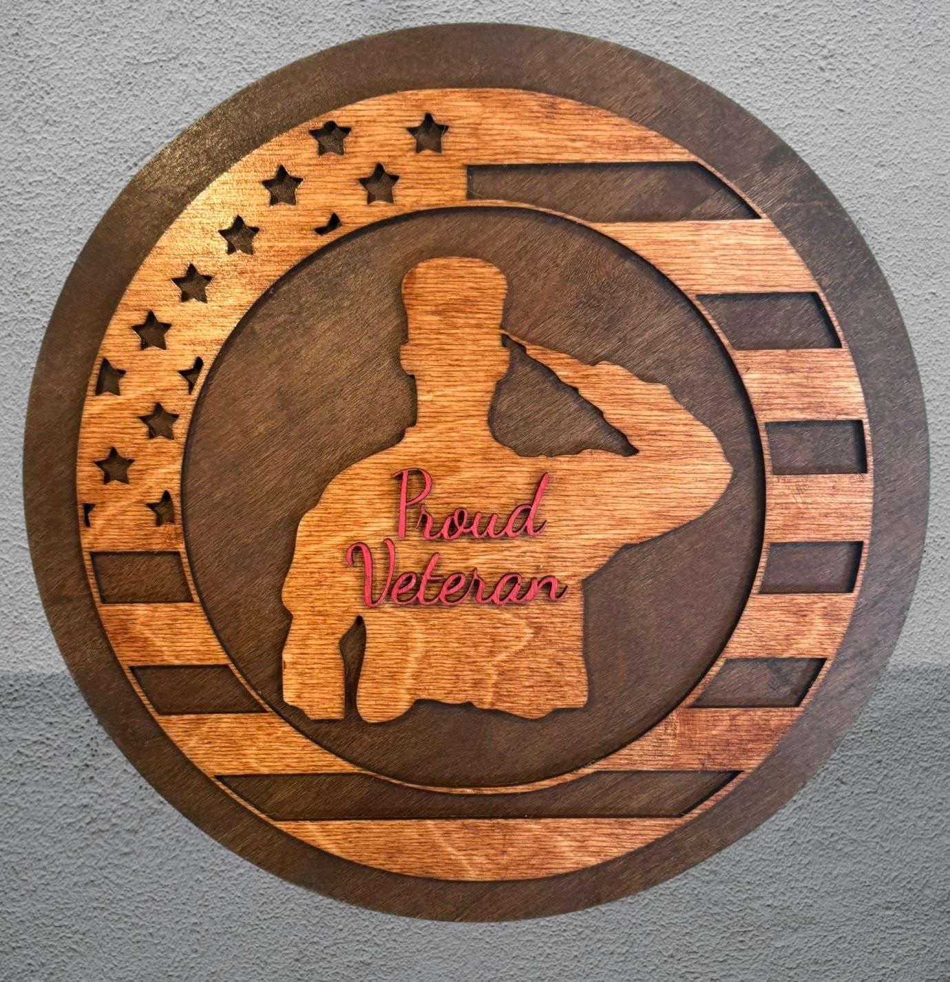 Handcrafted 11.75" Round Wooden "Proud Veteran" Sign w/ Saluting Service Member & American Flag, Military Appreciation Sign, Patriotic Decor