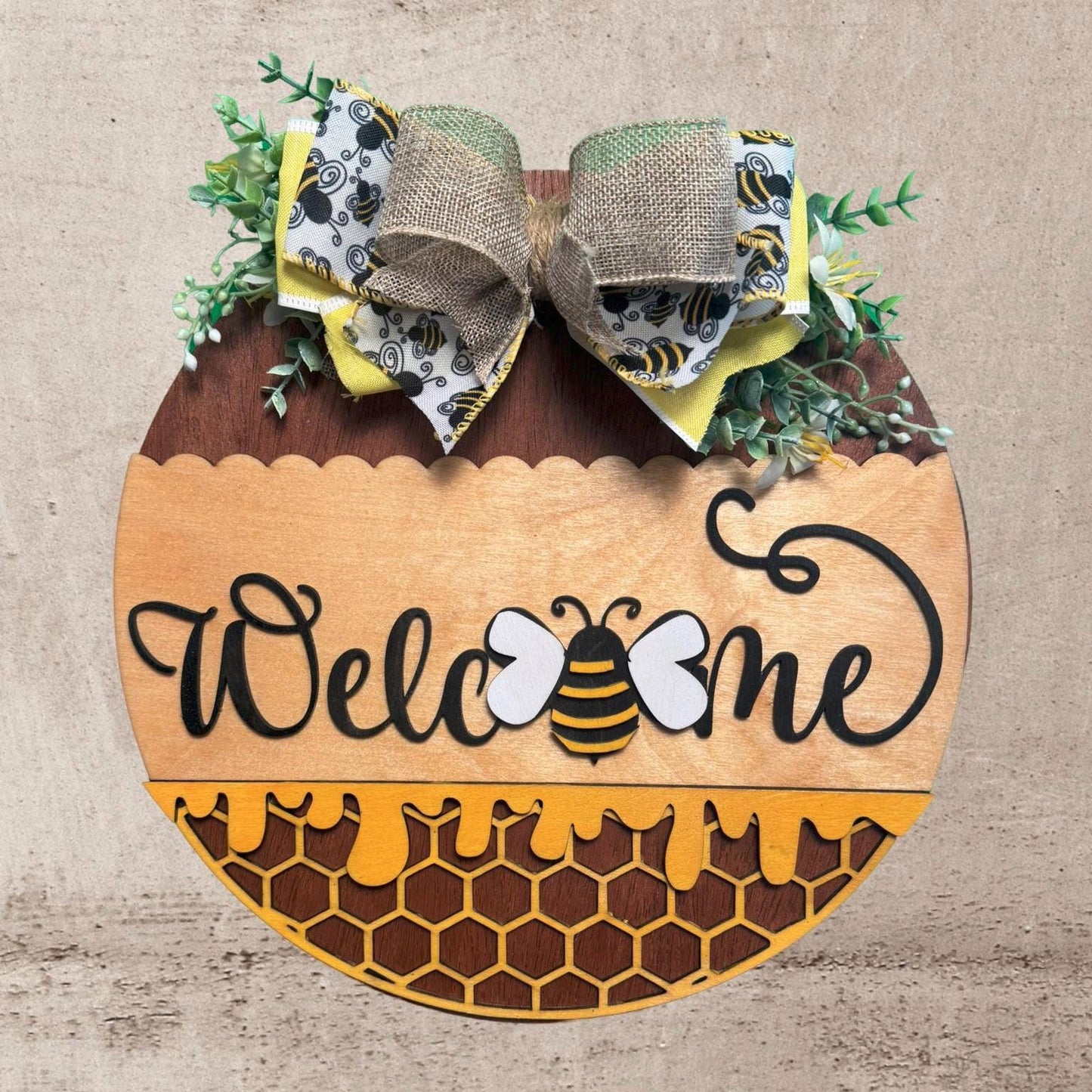 Bumblebee Welcome Sign | 13.5" Round Wooden Door Decor | Honeybee Porch Sign with Bow | Spring Summer Farmhouse Bee Home Decor |