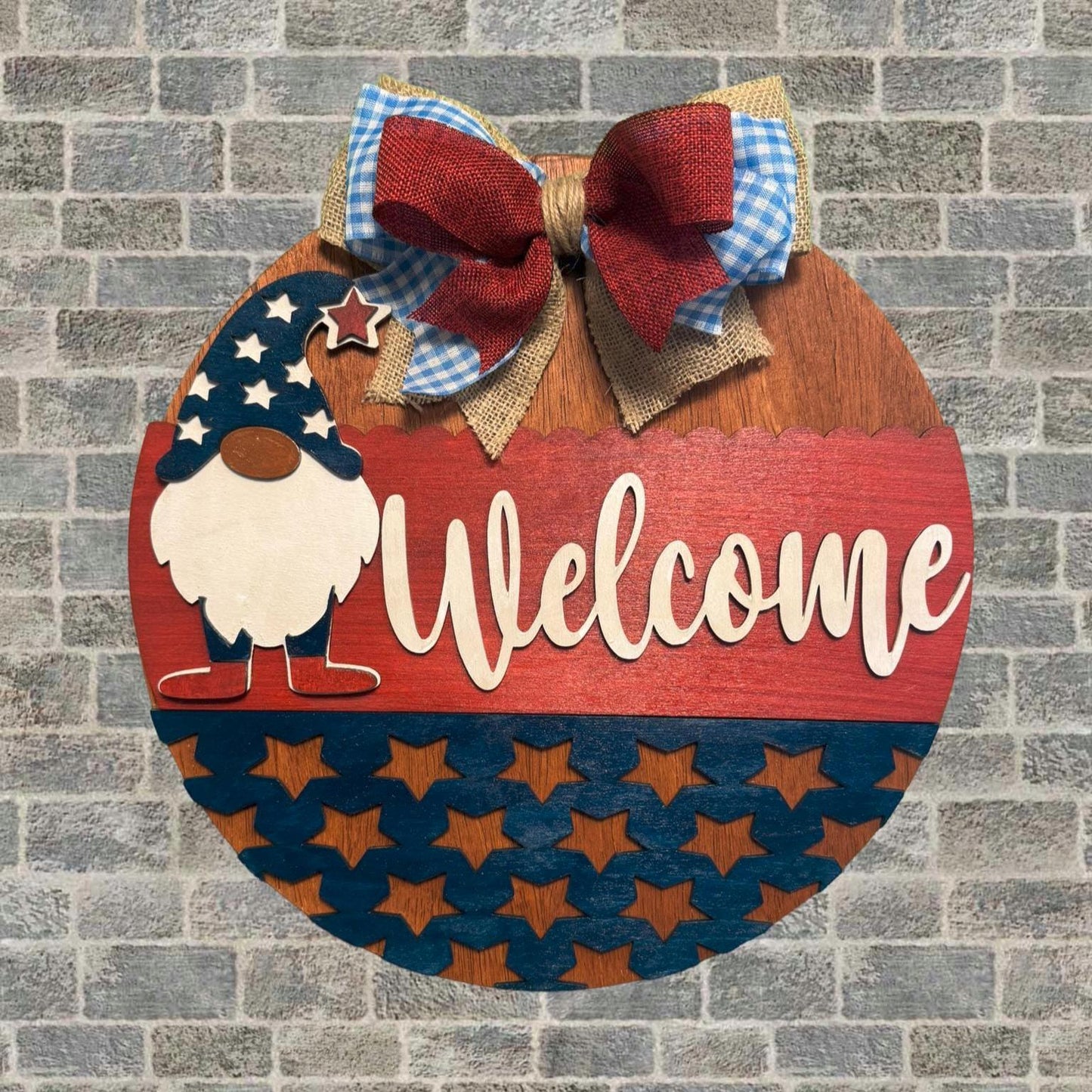 Gnome Patriotic Welcome Sign | 4th of July Porch Decor | Handmade Red White Blue Door Sign | Memorial Day Decor | Summer Gnome Decoration