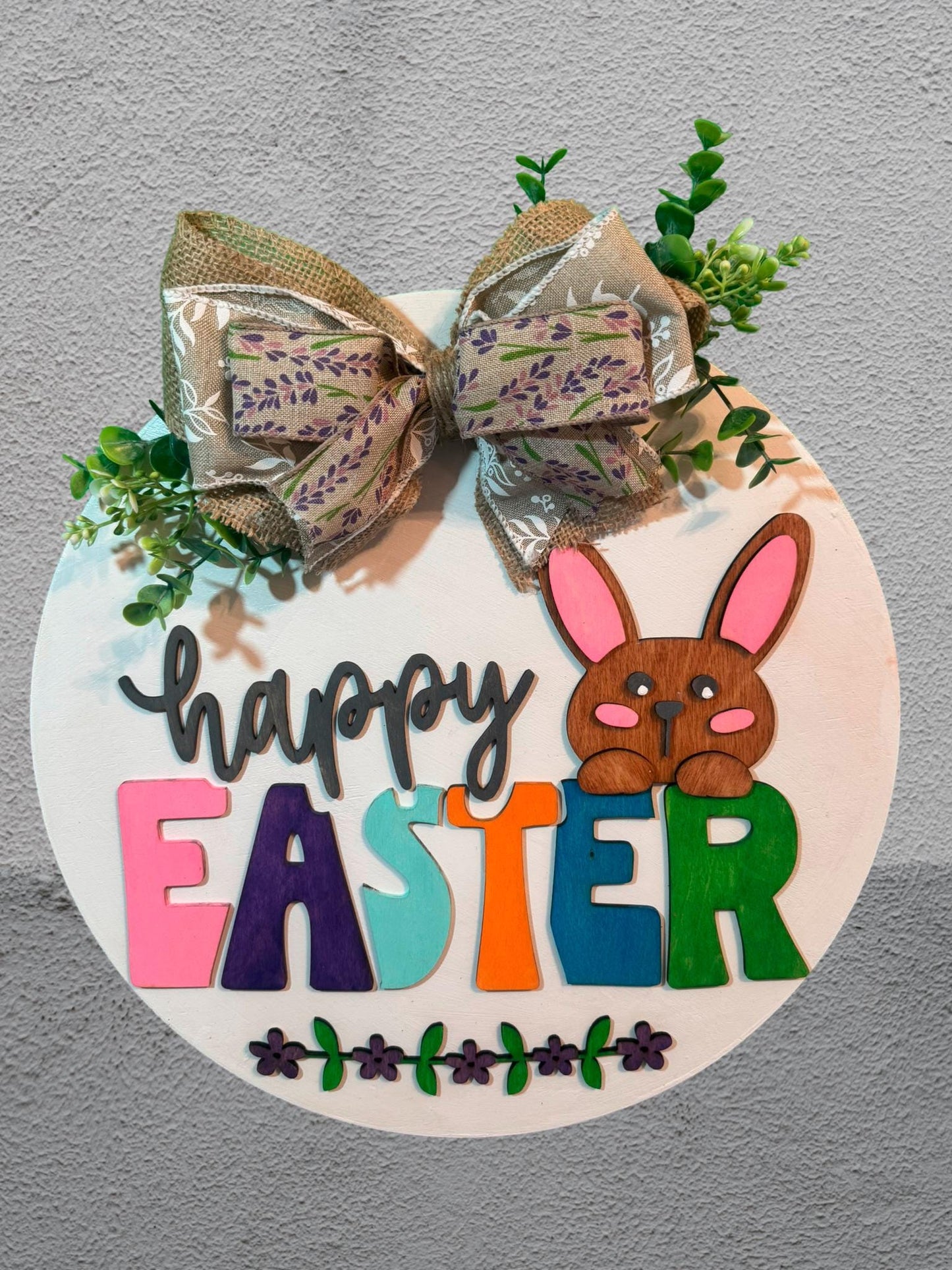 Happy Easter Bunny Door Hanger - 14in Layered Wooden Easter Sign - Spring Wall Decor - Handmade Bunny Wreath - Farmhouse Easter Decoration