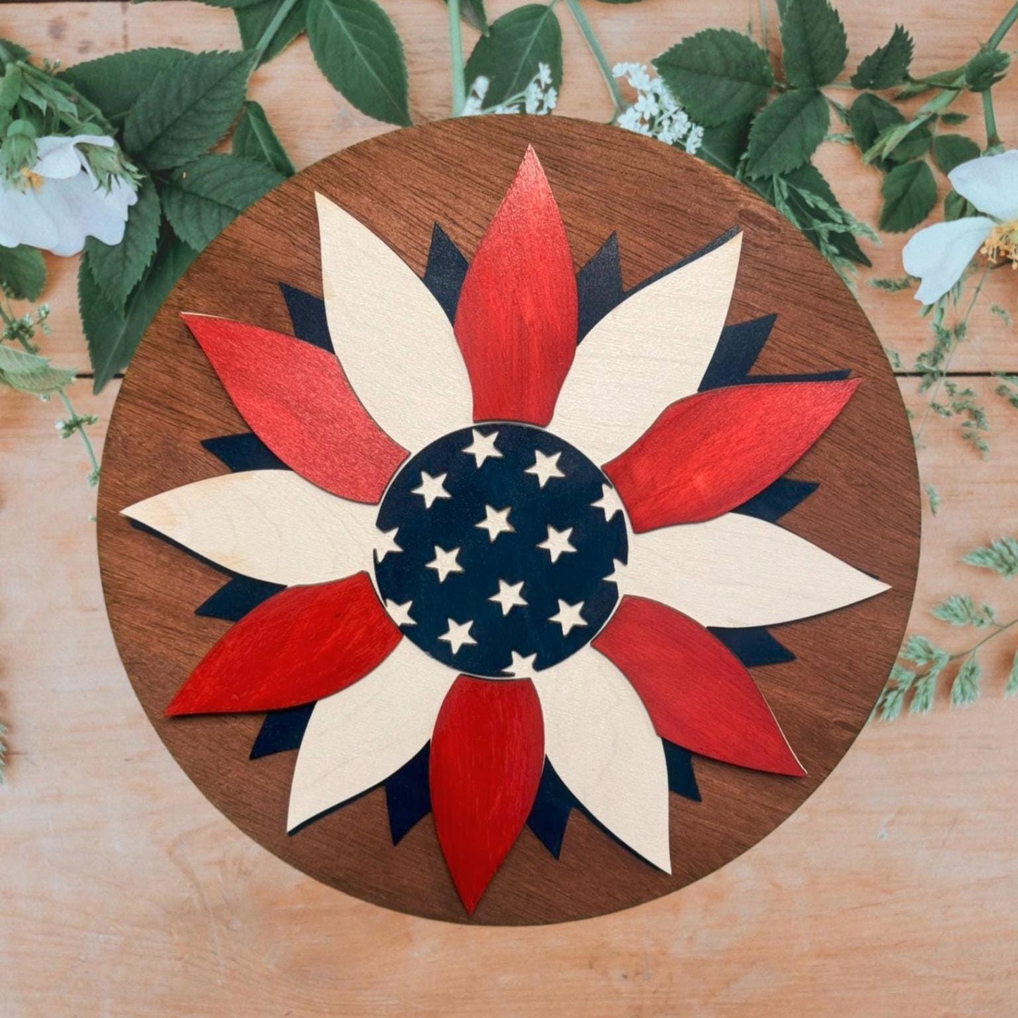 Patriotic American Flag Flower Wood Sign | 12.5" Round July 4th Door Hanger | Red White Blue Wall Decor | Memorial Day Decor | Veteran Gift
