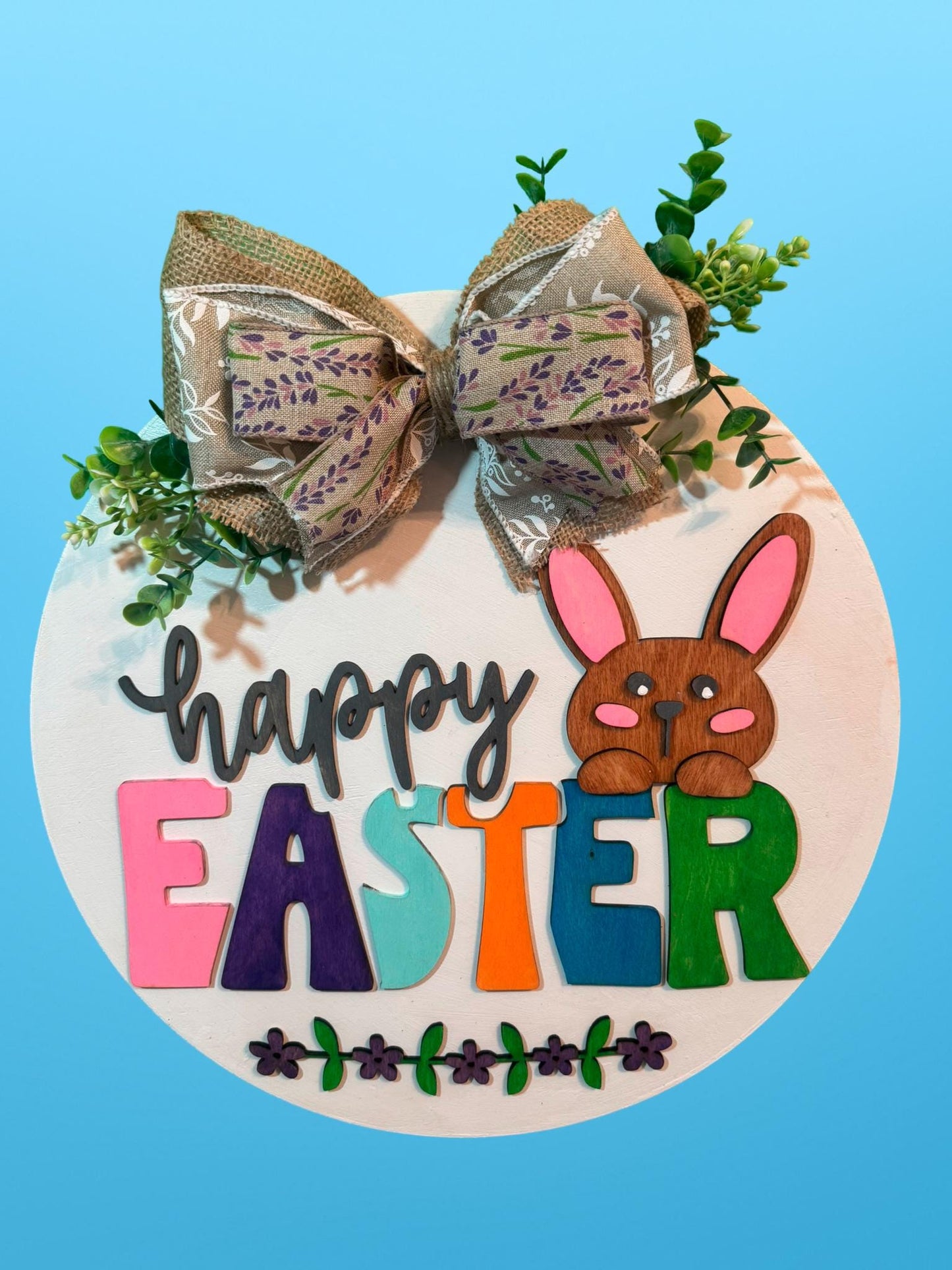Happy Easter Bunny Door Hanger - 14in Layered Wooden Easter Sign - Spring Wall Decor - Handmade Bunny Wreath - Farmhouse Easter Decoration