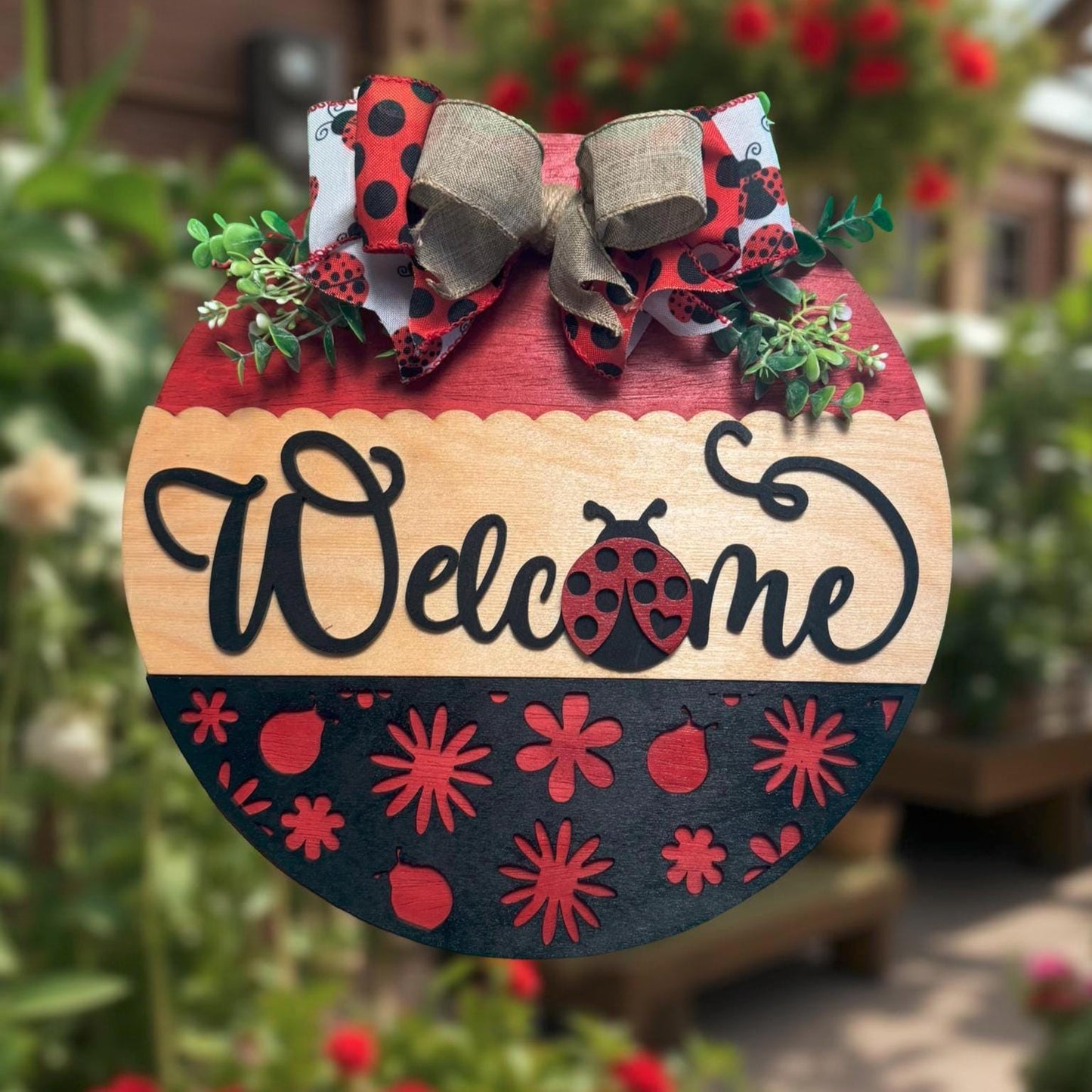 Ladybug Welcome Door Sign | 14" Round Wooden Porch Decor | Spring Summer Front Door Sign | Ladybug Themed Outdoor Decoration