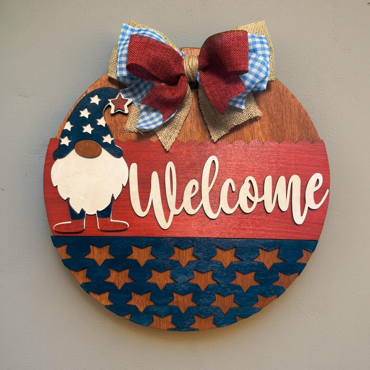 Gnome Patriotic Welcome Sign | 4th of July Porch Decor | Handmade Red White Blue Door Sign | Memorial Day Decor | Summer Gnome Decoration