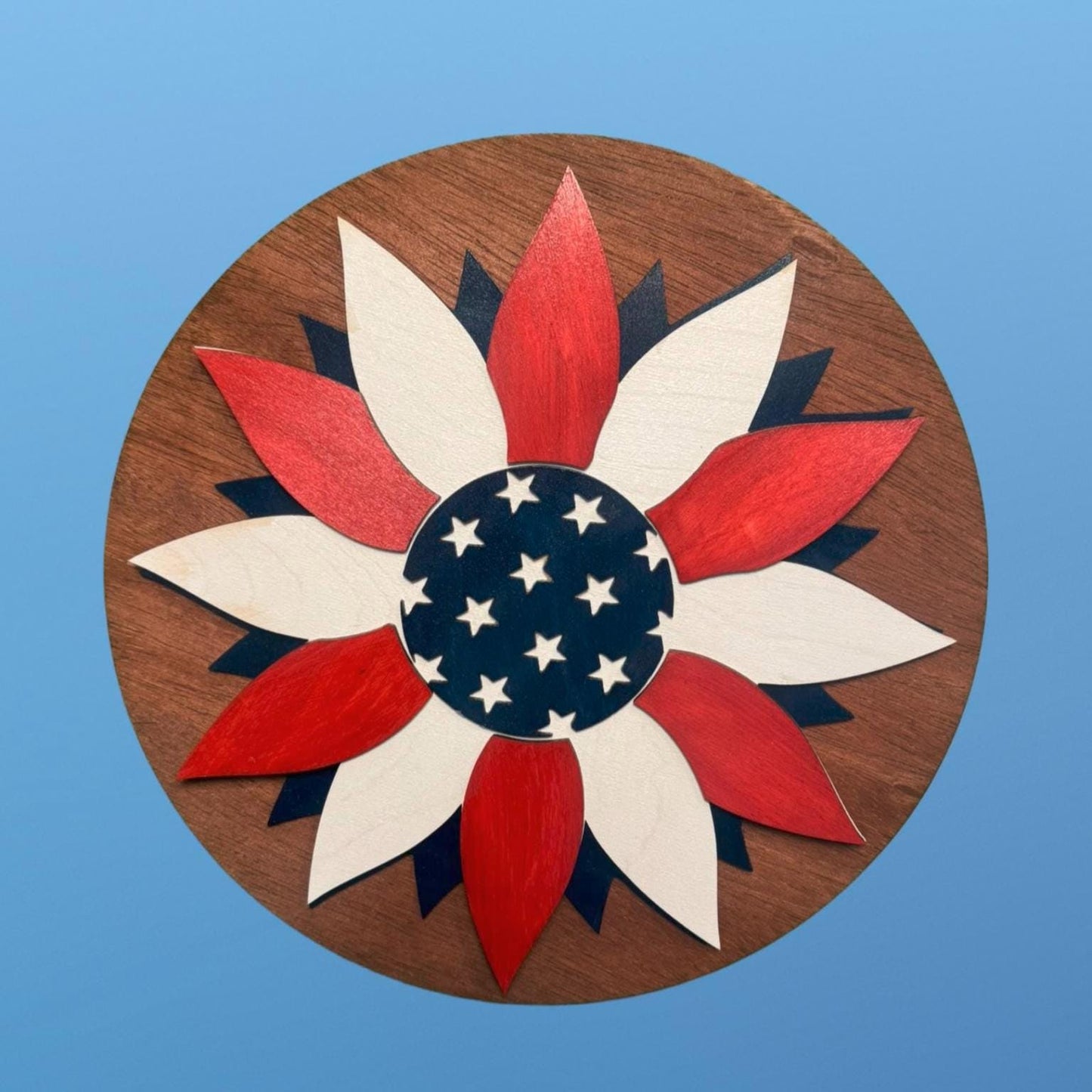 Patriotic American Flag Flower Wood Sign | 12.5" Round July 4th Door Hanger | Red White Blue Wall Decor | Memorial Day Decor | Veteran Gift