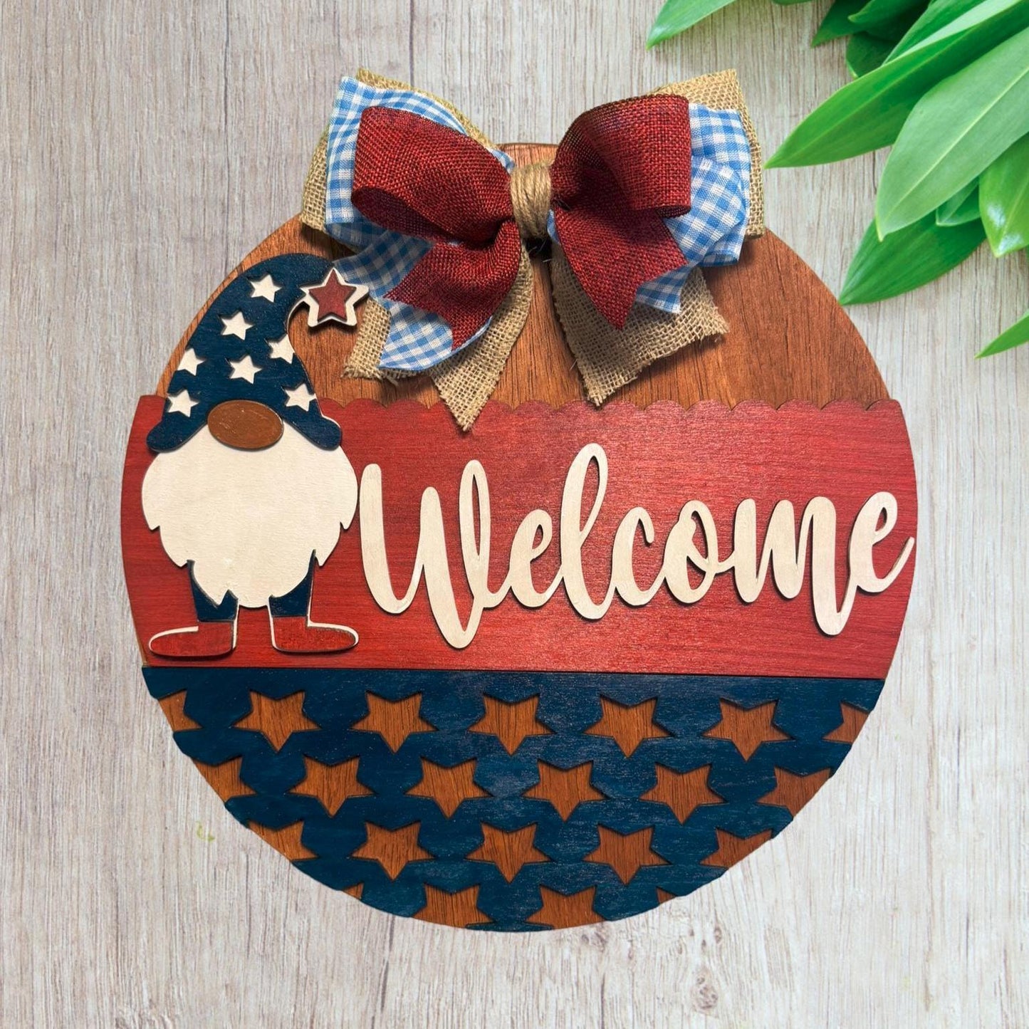 Gnome Patriotic Welcome Sign | 4th of July Porch Decor | Handmade Red White Blue Door Sign | Memorial Day Decor | Summer Gnome Decoration