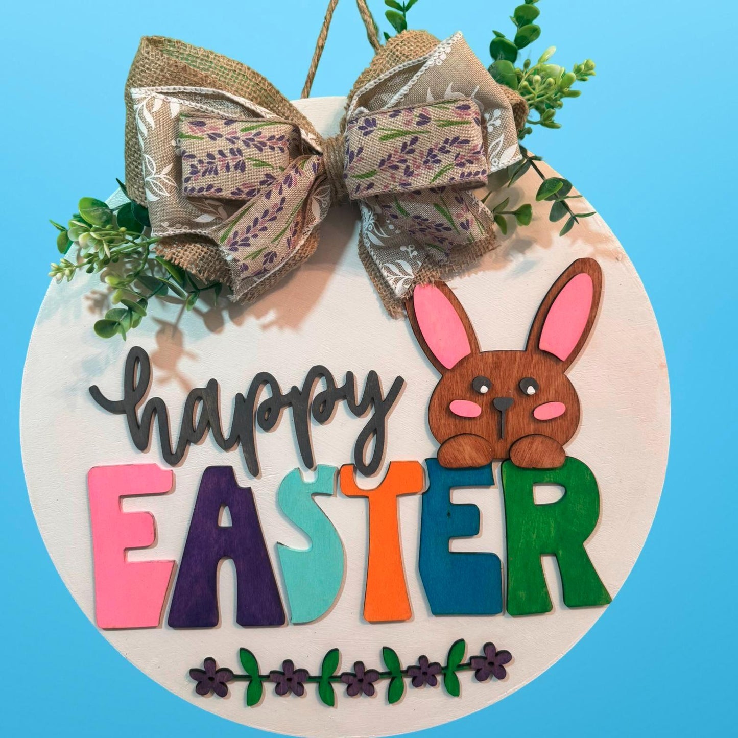Happy Easter Bunny Door Hanger - 14in Layered Wooden Easter Sign - Spring Wall Decor - Handmade Bunny Wreath - Farmhouse Easter Decoration
