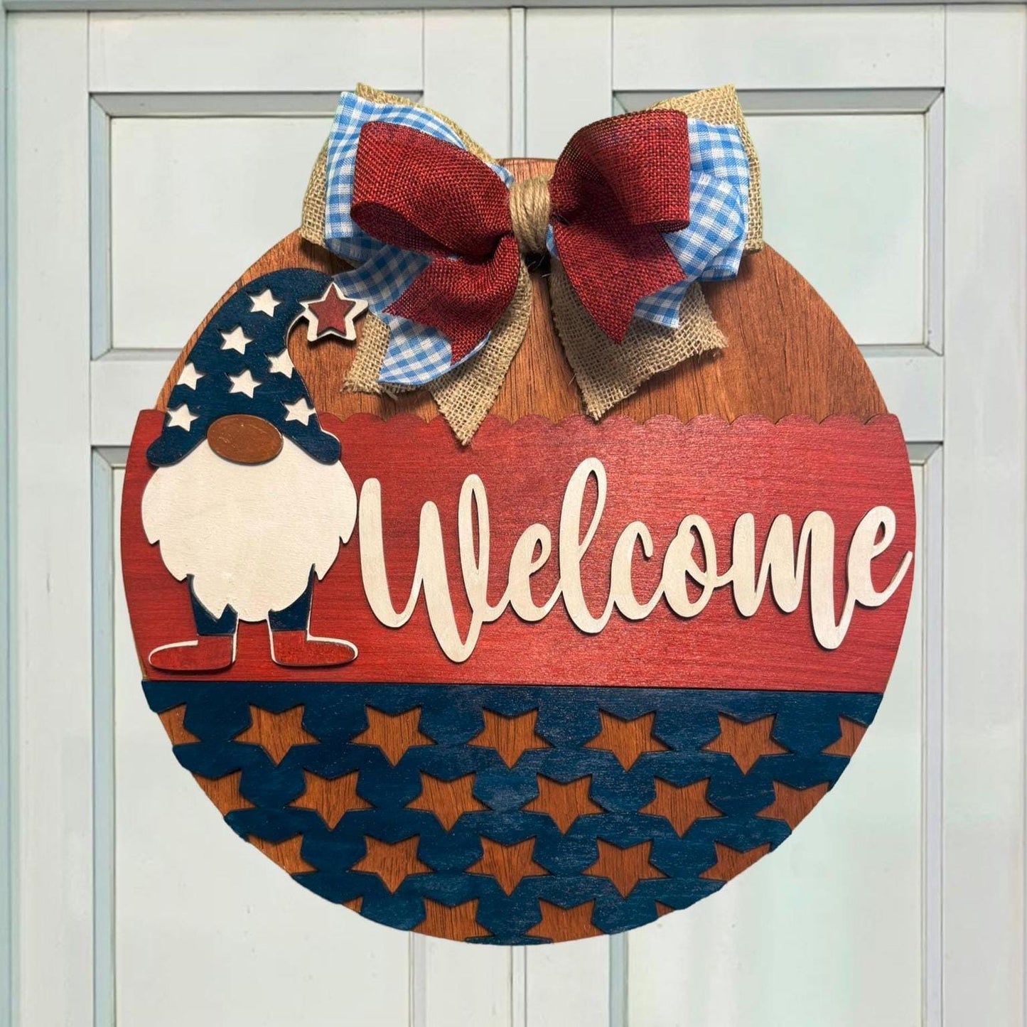 Gnome Patriotic Welcome Sign | 4th of July Porch Decor | Handmade Red White Blue Door Sign | Memorial Day Decor | Summer Gnome Decoration