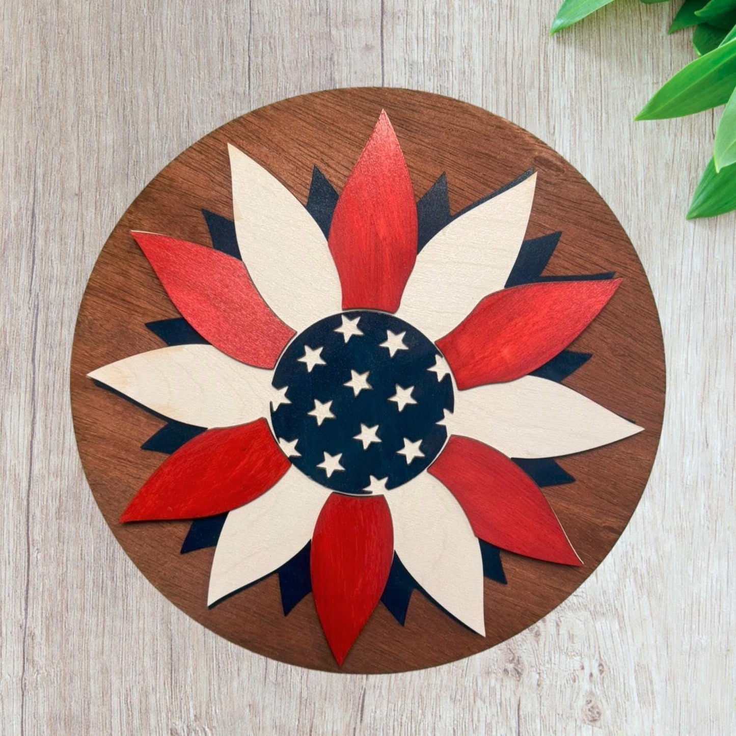 Patriotic American Flag Flower Wood Sign | 12.5" Round July 4th Door Hanger | Red White Blue Wall Decor | Memorial Day Decor | Veteran Gift