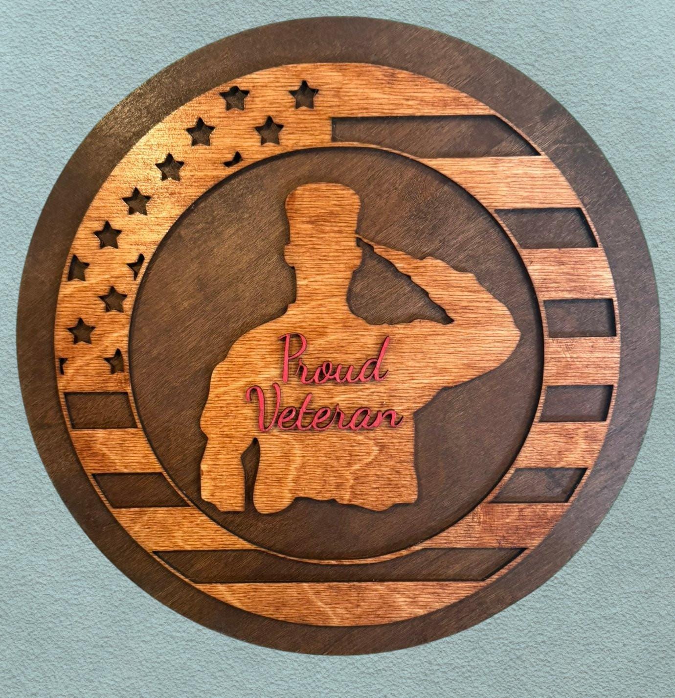 Handcrafted 11.75" Round Wooden "Proud Veteran" Sign w/ Saluting Service Member & American Flag, Military Appreciation Sign, Patriotic Decor