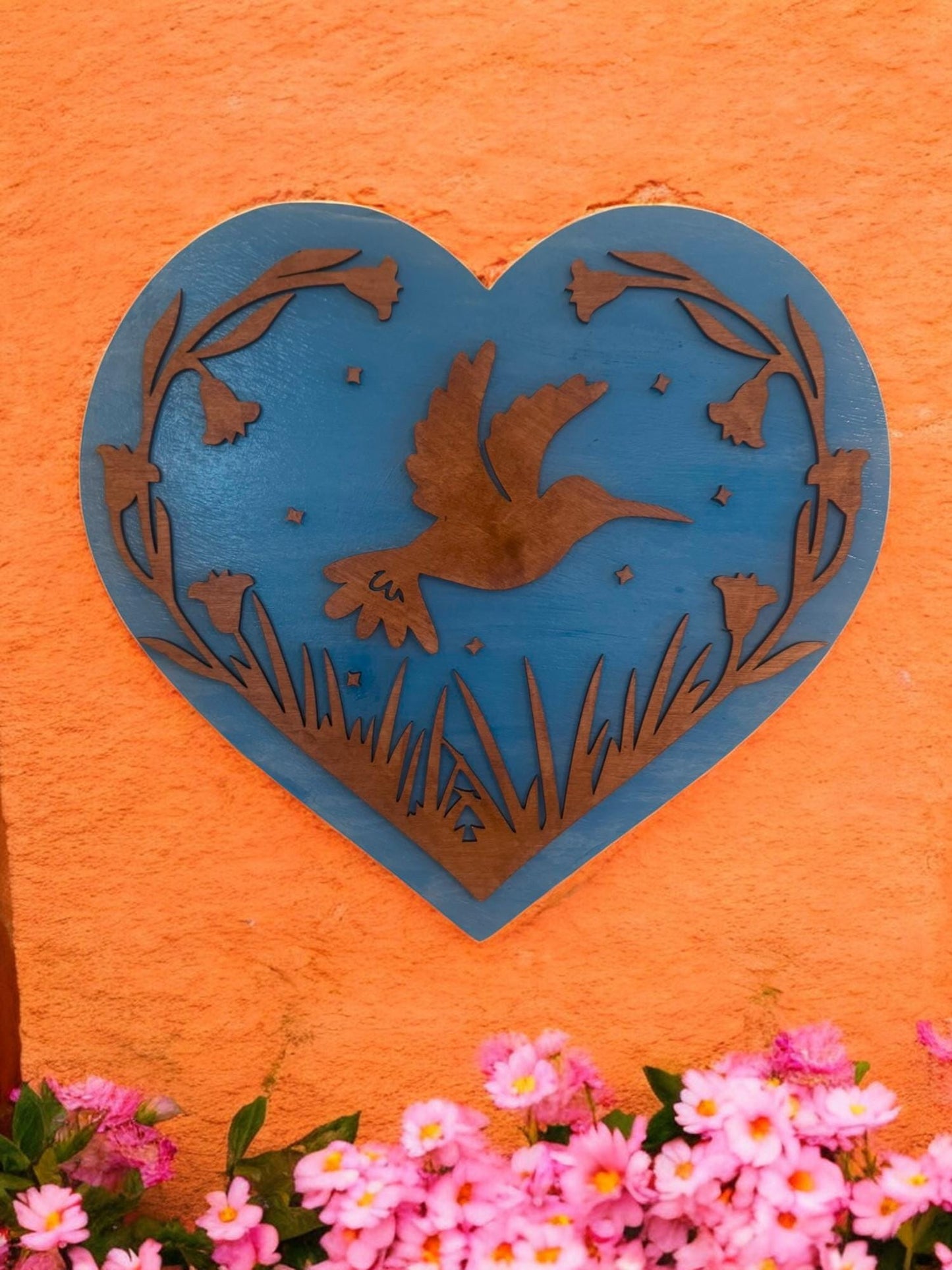 Wooden Heart Sign w/ Hummingbird & Flowers, Wooden Hummingbird Decor, Floral Bird Hanging Wall Sign, Nature Wall Decor, Hummingbird, Flowers
