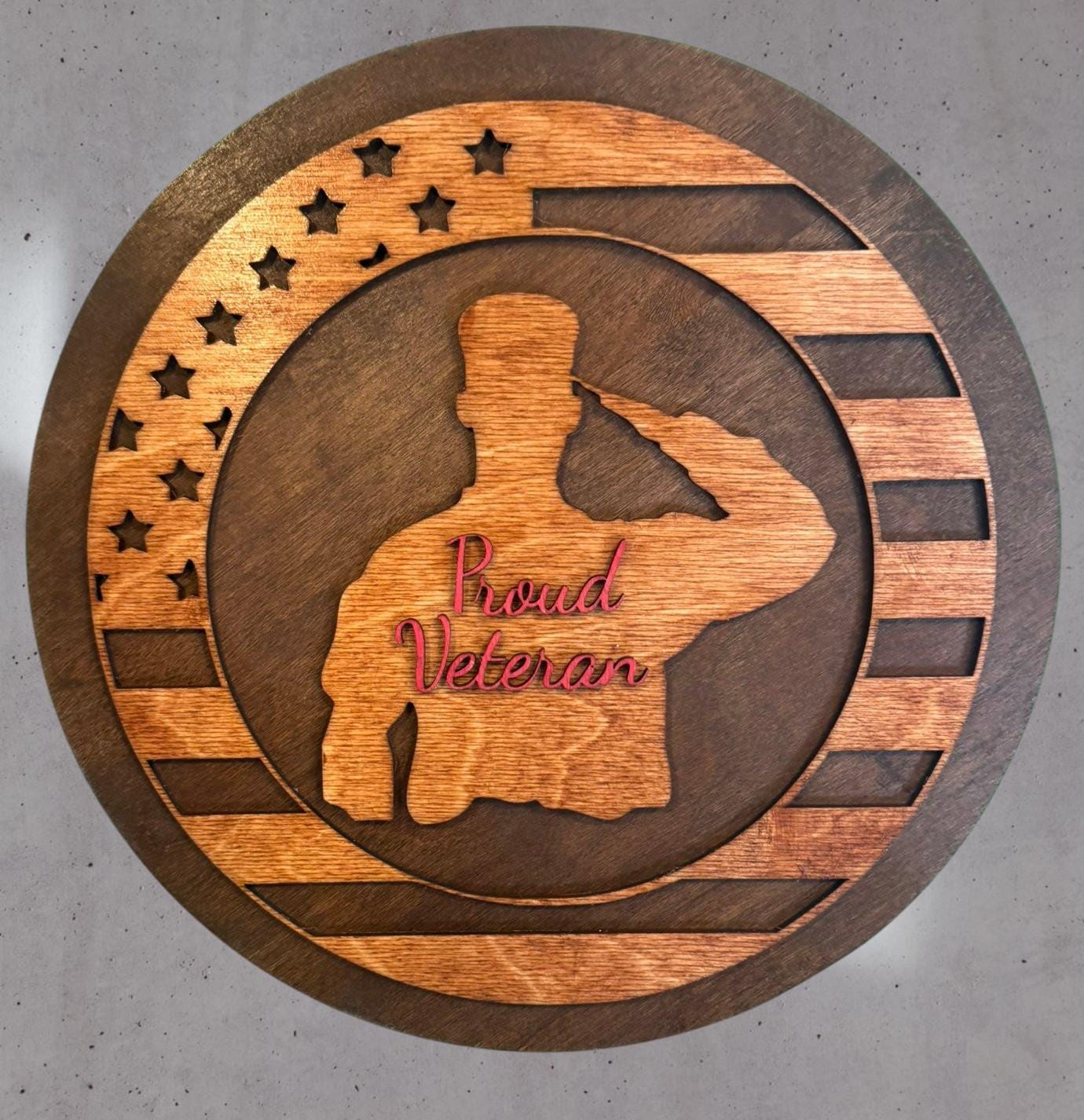 Handcrafted 11.75" Round Wooden "Proud Veteran" Sign w/ Saluting Service Member & American Flag, Military Appreciation Sign, Patriotic Decor