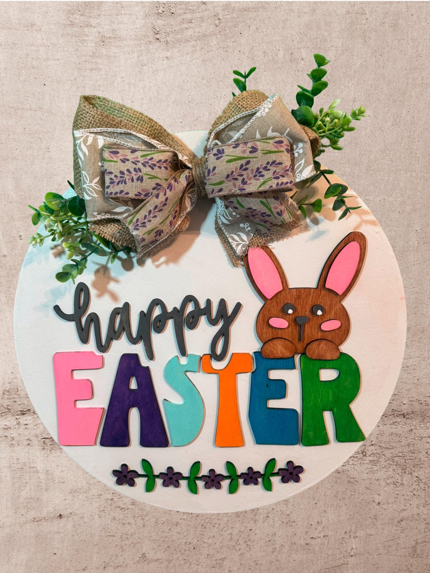 Happy Easter Bunny Door Hanger - 14in Layered Wooden Easter Sign - Spring Wall Decor - Handmade Bunny Wreath - Farmhouse Easter Decoration