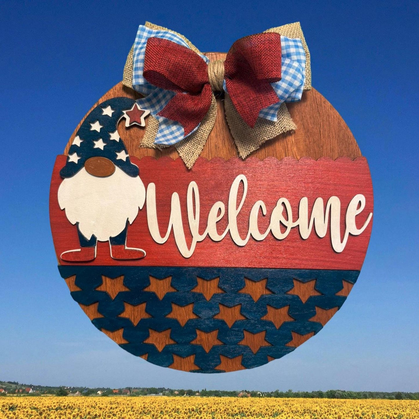 Gnome Patriotic Welcome Sign | 4th of July Porch Decor | Handmade Red White Blue Door Sign | Memorial Day Decor | Summer Gnome Decoration