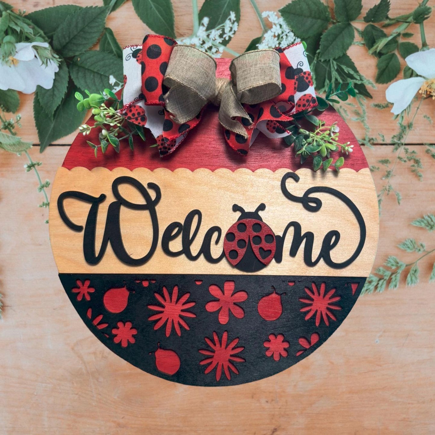 Ladybug Welcome Door Sign | 14" Round Wooden Porch Decor | Spring Summer Front Door Sign | Ladybug Themed Outdoor Decoration