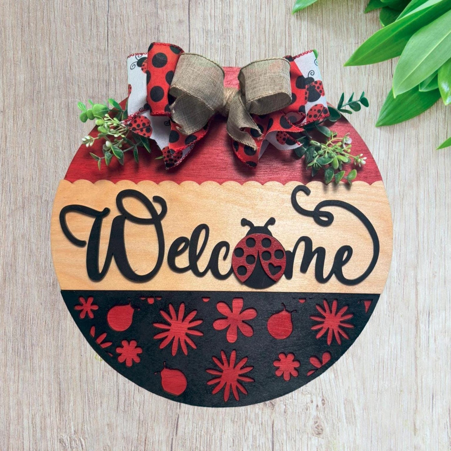 Ladybug Welcome Door Sign | 14" Round Wooden Porch Decor | Spring Summer Front Door Sign | Ladybug Themed Outdoor Decoration