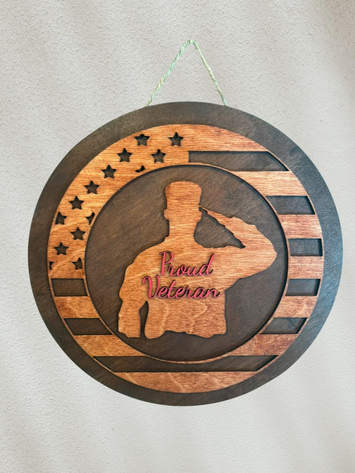Handcrafted 11.75" Round Wooden "Proud Veteran" Sign w/ Saluting Service Member & American Flag, Military Appreciation Sign, Patriotic Decor