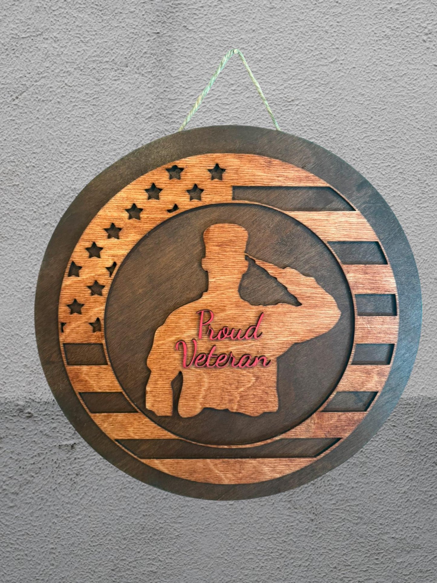 Handcrafted 11.75" Round Wooden "Proud Veteran" Sign w/ Saluting Service Member & American Flag, Military Appreciation Sign, Patriotic Decor