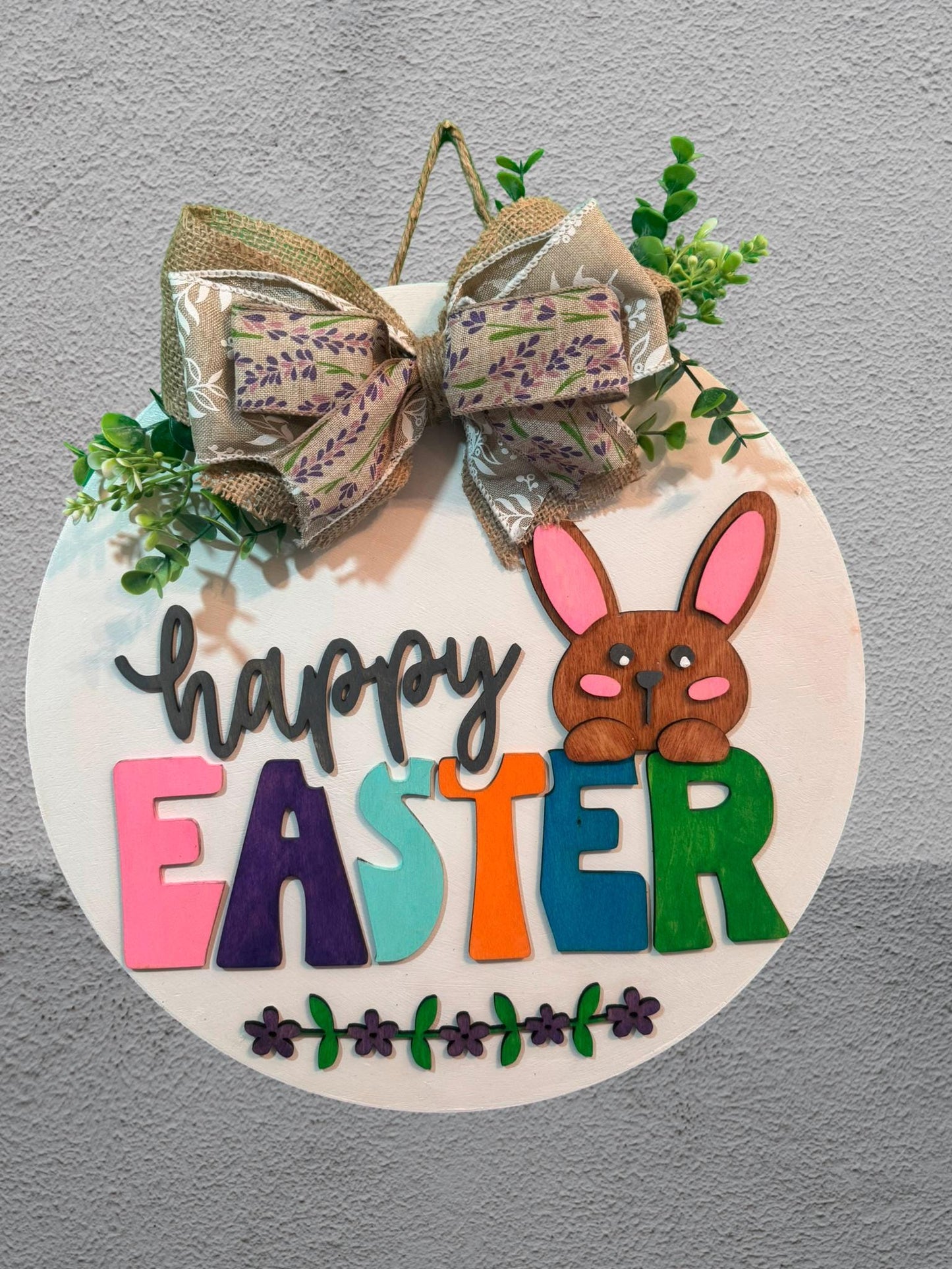 Happy Easter Bunny Door Hanger - 14in Layered Wooden Easter Sign - Spring Wall Decor - Handmade Bunny Wreath - Farmhouse Easter Decoration