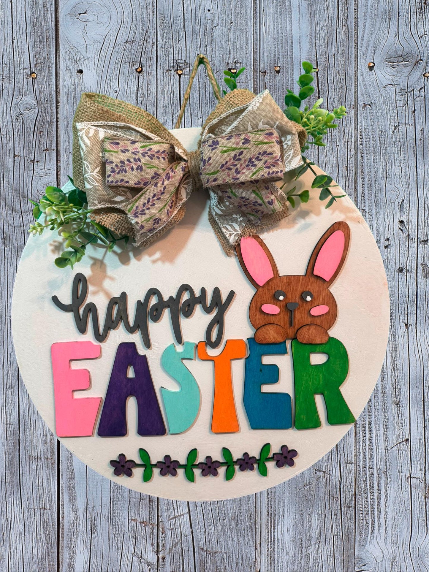 Happy Easter Bunny Door Hanger - 14in Layered Wooden Easter Sign - Spring Wall Decor - Handmade Bunny Wreath - Farmhouse Easter Decoration