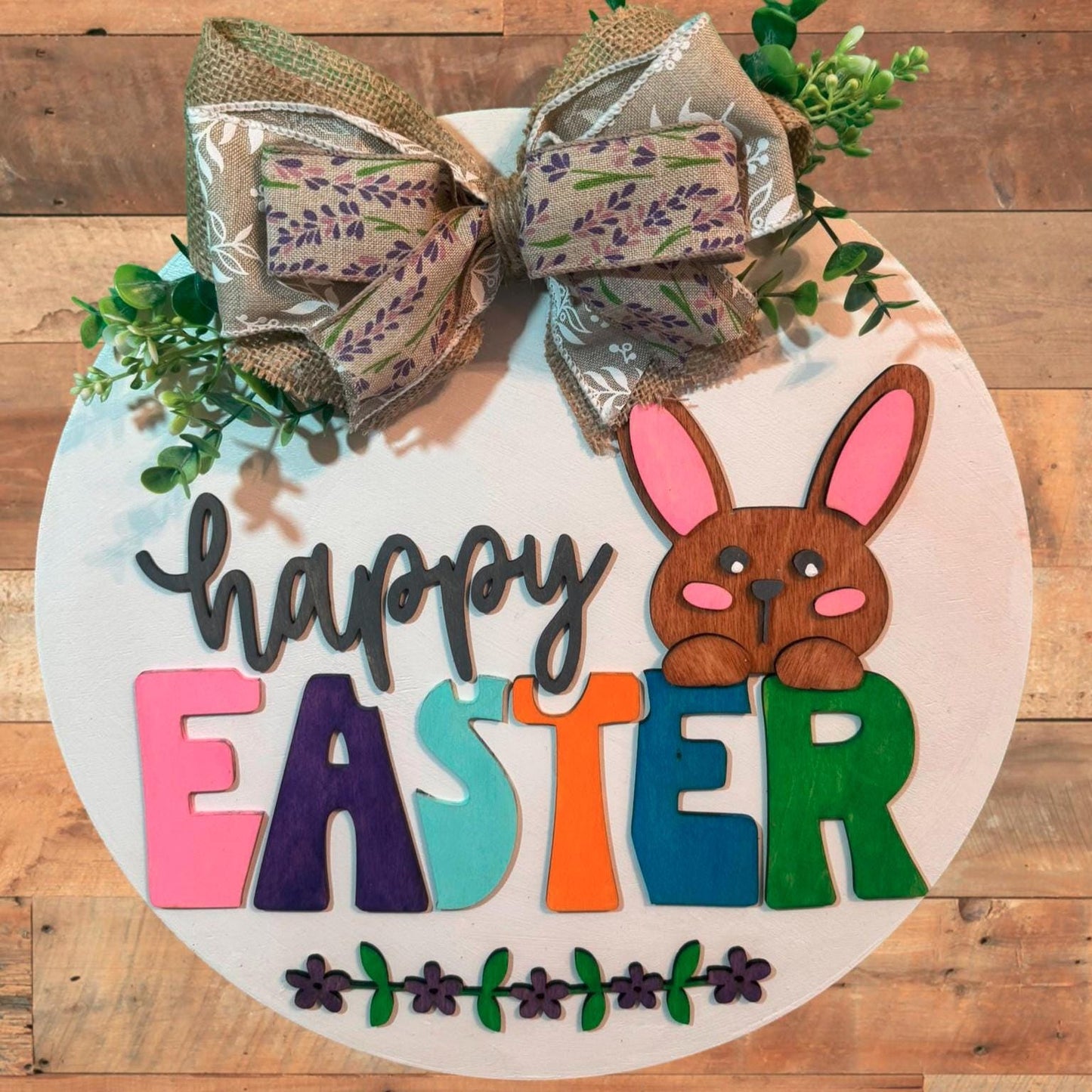 Happy Easter Bunny Door Hanger - 14in Layered Wooden Easter Sign - Spring Wall Decor - Handmade Bunny Wreath - Farmhouse Easter Decoration