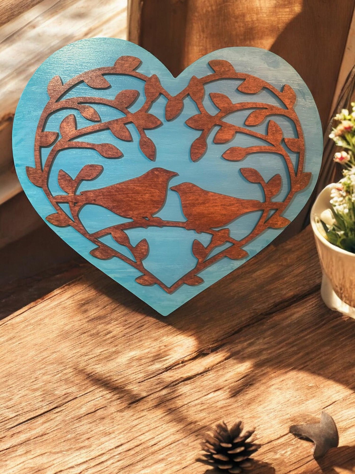 Homemade Wooden Birds in Heart Sign, Hanging Heart with Birds in a Tree, Layered Bird Wall Art, Nature Inspired Home Decor, Love Birds Decor