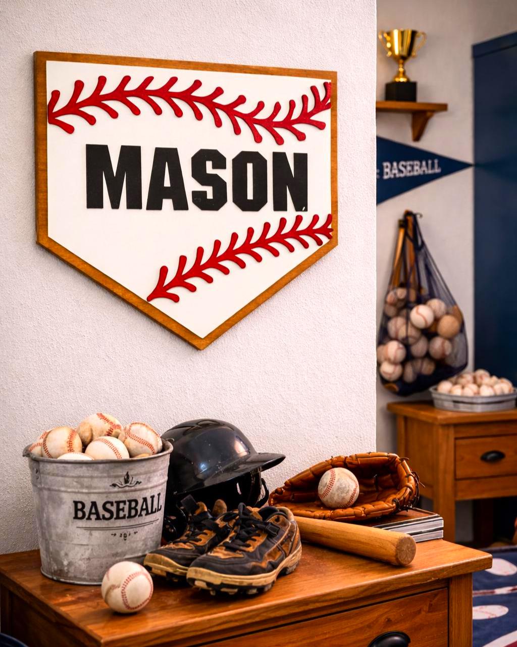 Personalized Baseball Home Plate Sign: Custom Name Wooden Wall Decor