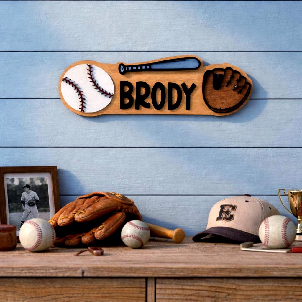Personalized Baseball Name Sign – Custom Bat, Ball & Glove Cutouts – Layered Wood Sports Decor Custom Baseball Decor