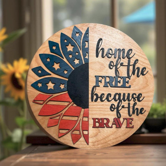 Patriotic Wooden Sign – 12.75" Round American Flag Flower Decor – Home of the Free Sign – 4th of July, Memorial Day – Veteran Appreciation