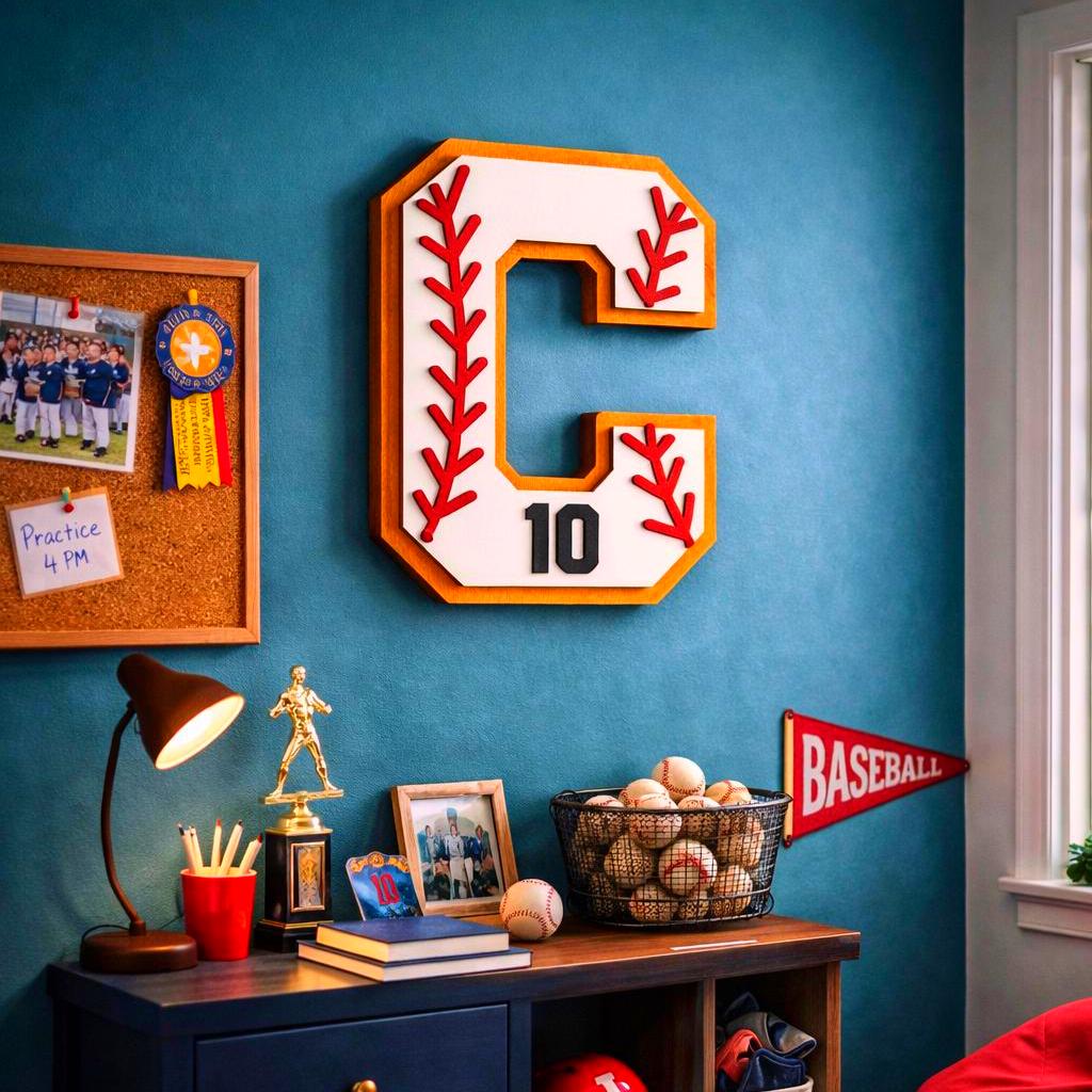 Personalized Baseball Letter Sign with Custom Number • Wooden Sports Wall Hanging • Baseball Room Decor