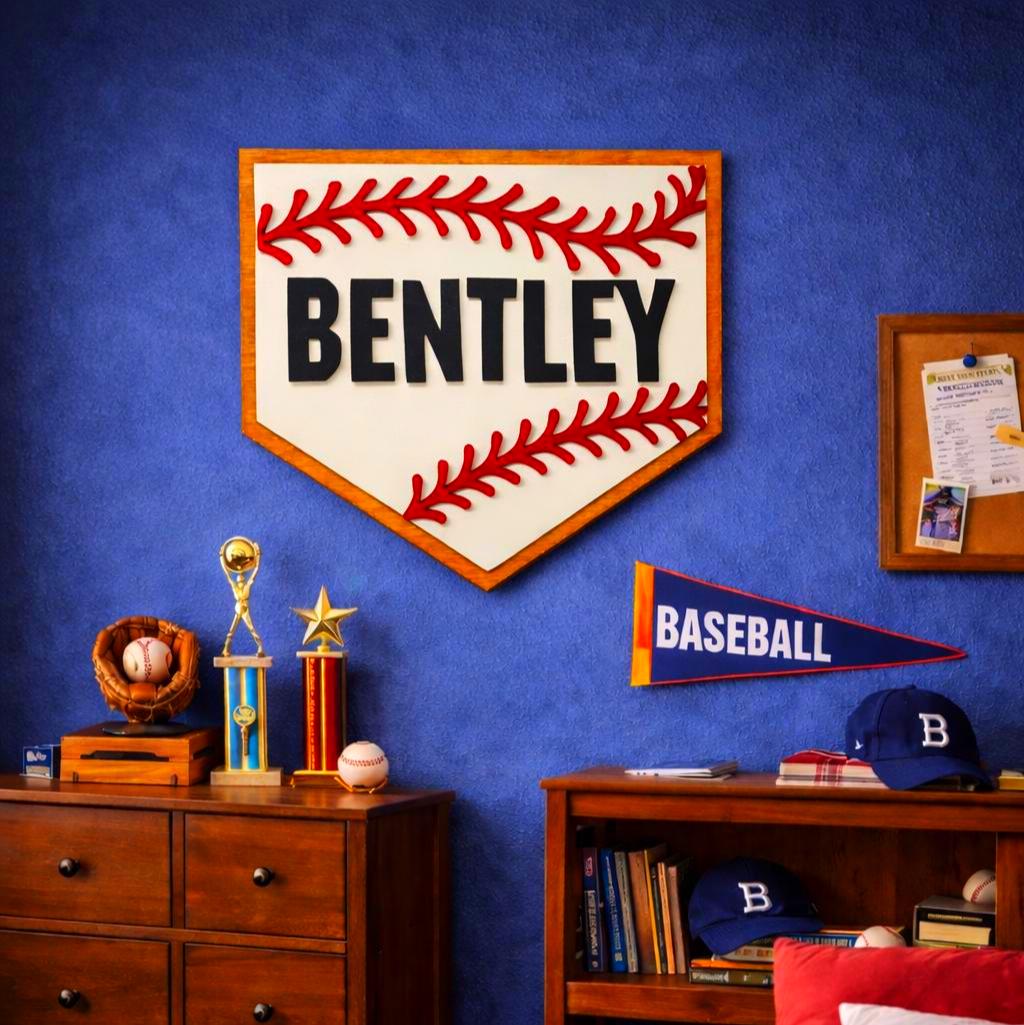 Personalized Baseball Home Plate Sign: Custom Name Wooden Wall Decor