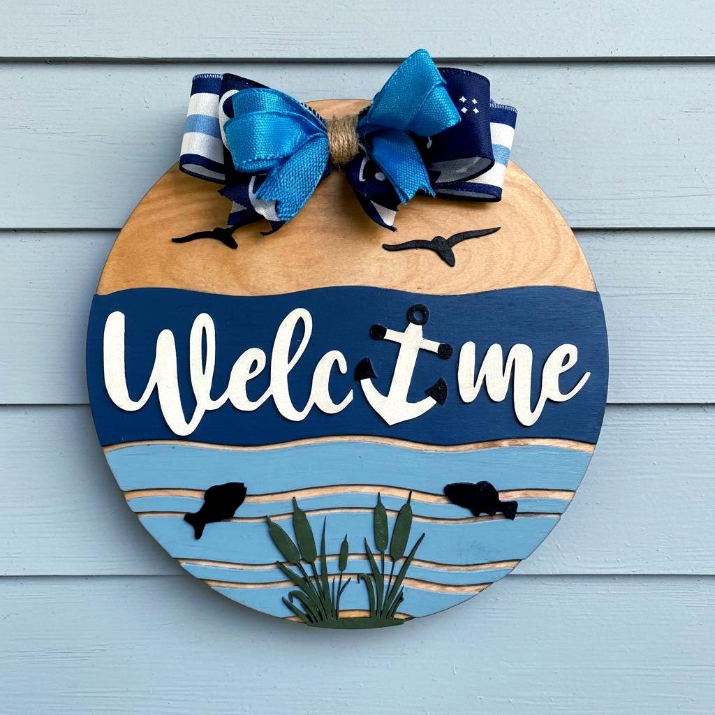 Coastal Welcome Sign | Nautical Wooden Door Hanger | Beach Lake Ocean Waterfront House Decor