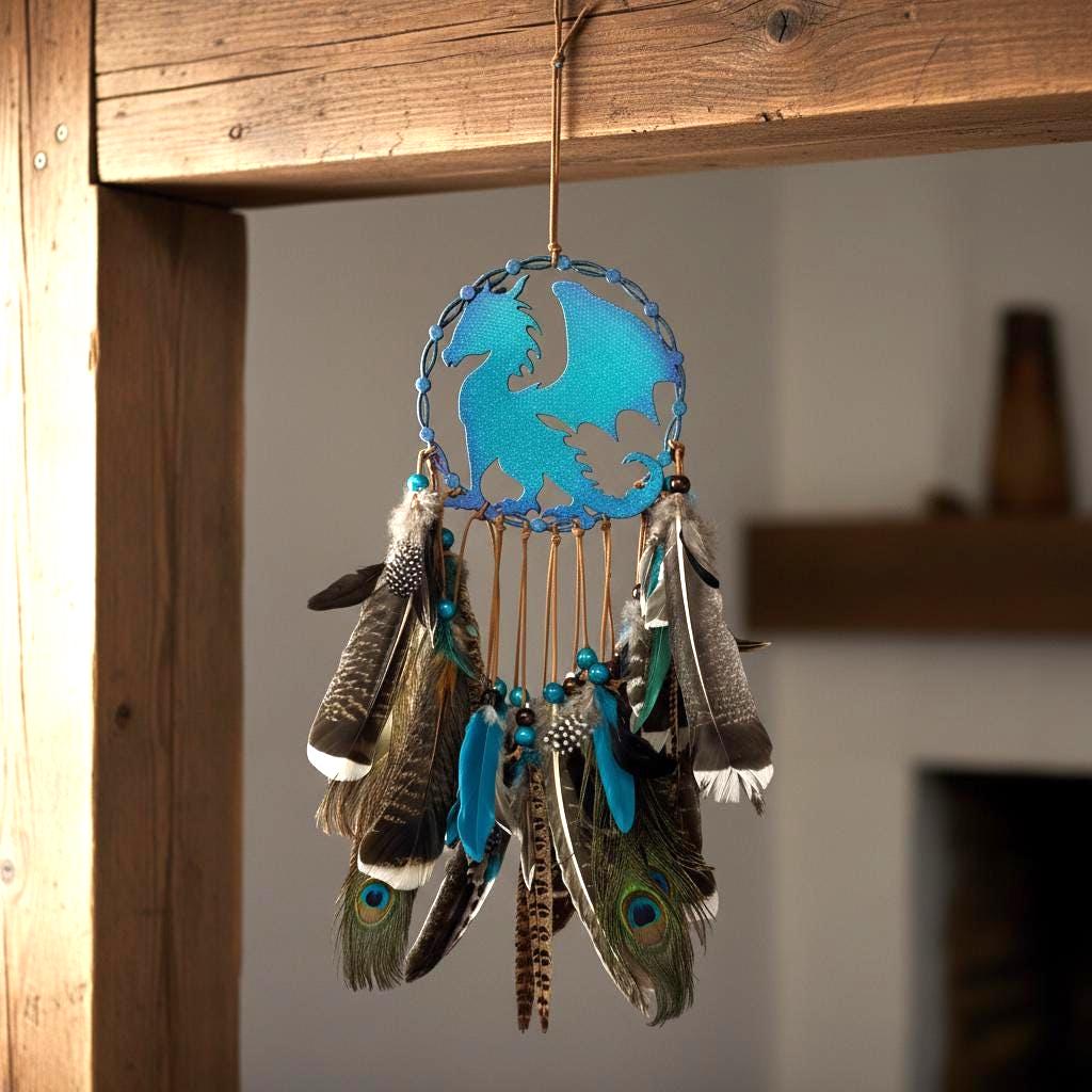 Dream Catcher Hanging with Feathers – Handmade Dragon Gift for Bedroom or Wall Handmade Wood Decor