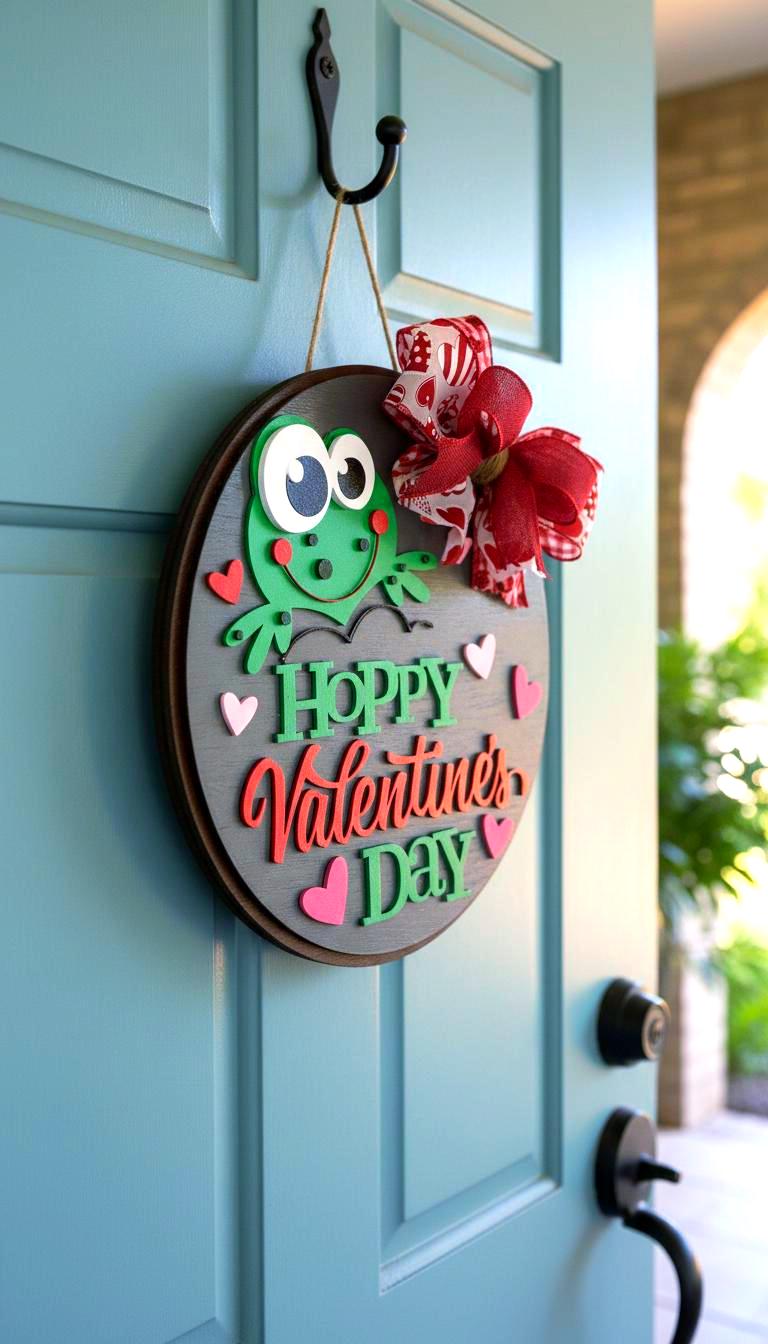 Hoppy Valentine’s Day Wooden Sign | Valentine Door Hanger | Frog Decor | Handmade Holiday Sign Handmade Wood Door Hanger
