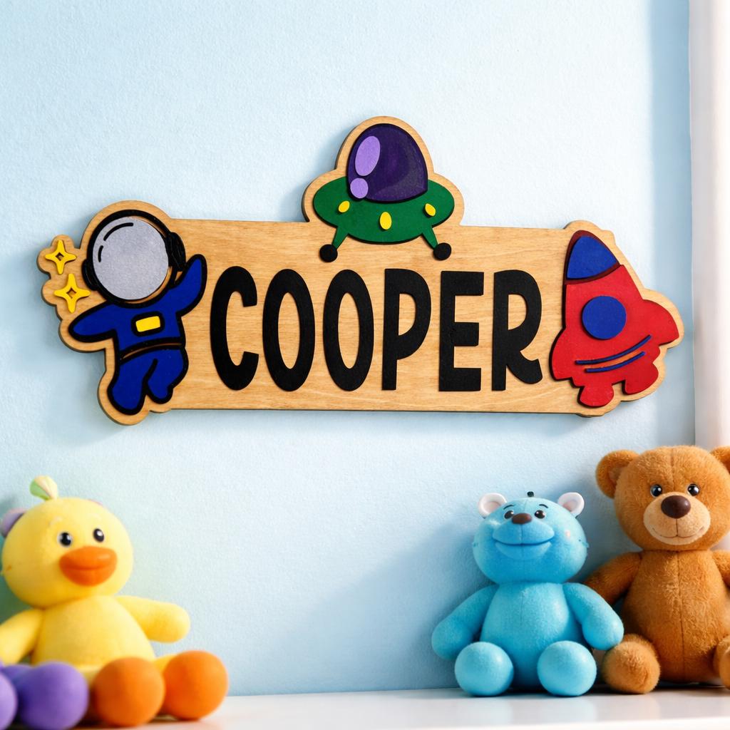 Space Themed Name Sign – Personalized Astronaut & Rocket Wall Decor – Layered Wood Kids Room Gift