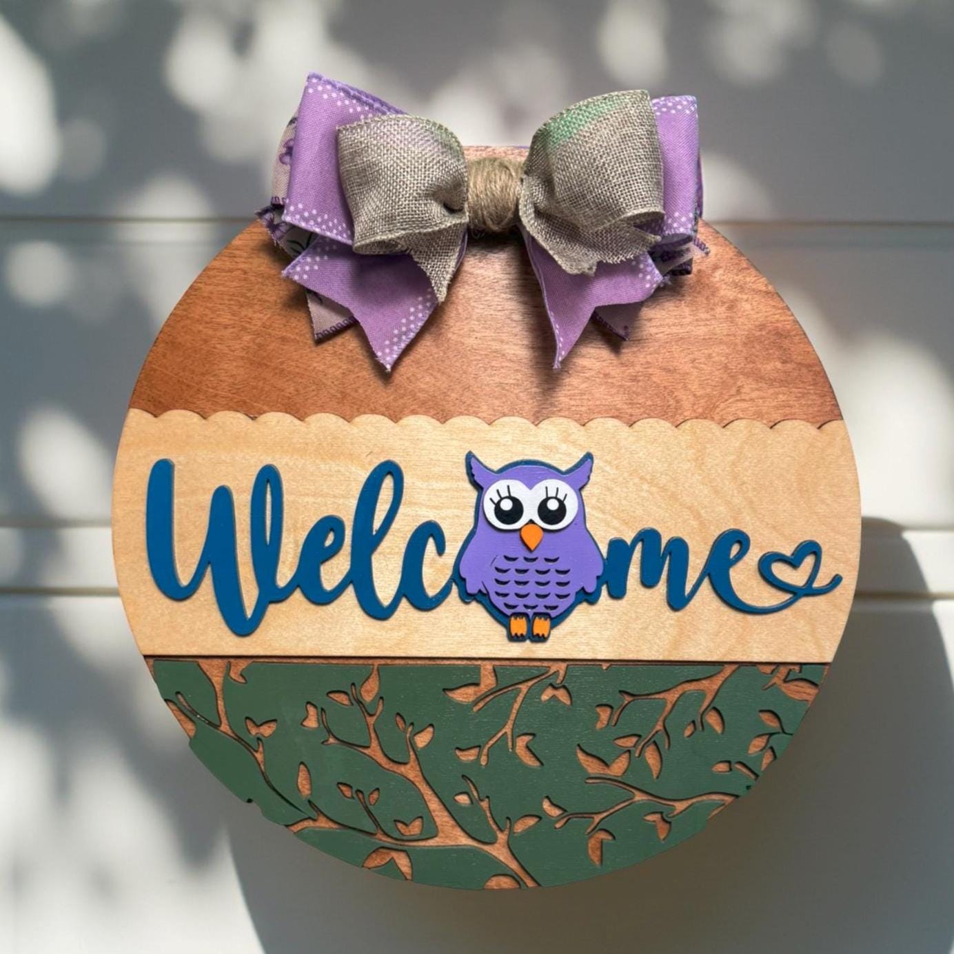 Handmade Owl Welcome Sign – 14" Layered Wood Round with Bow – Front Door Decor for Spring, Summer, or Mother’s Day – Owl Lover Decor