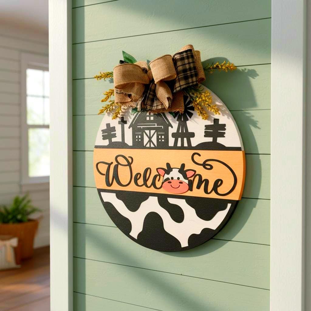 Farmhouse Cow Welcome Sign – Round Wooden Door Hanger with Bow – Country Porch Decor