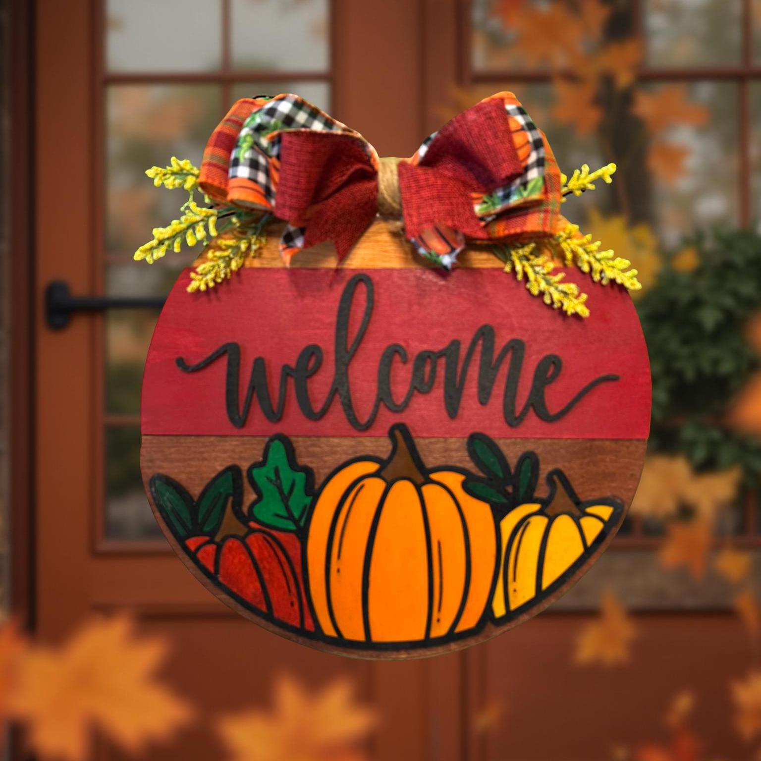 Fall Pumpkin Welcome Sign | Layered Wooden Door Hanger | Autumn Front Door Decor Seasonal Door Hanger