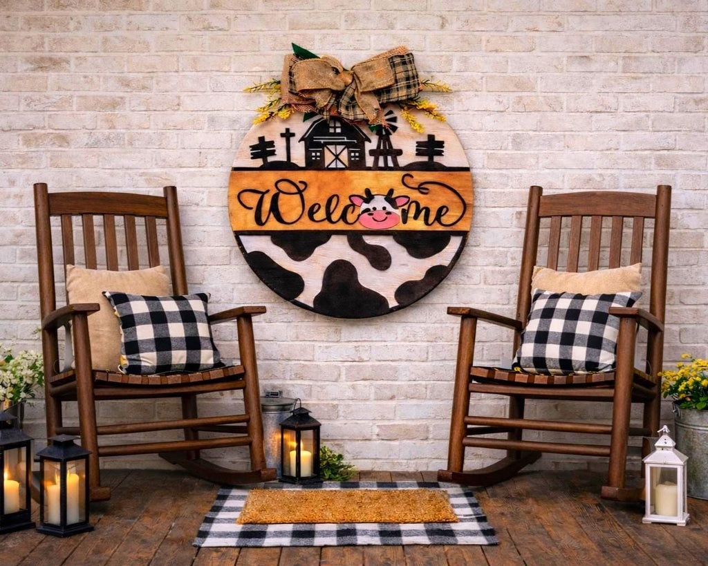 Farmhouse Cow Welcome Sign – Round Wooden Door Hanger with Bow – Country Porch Decor