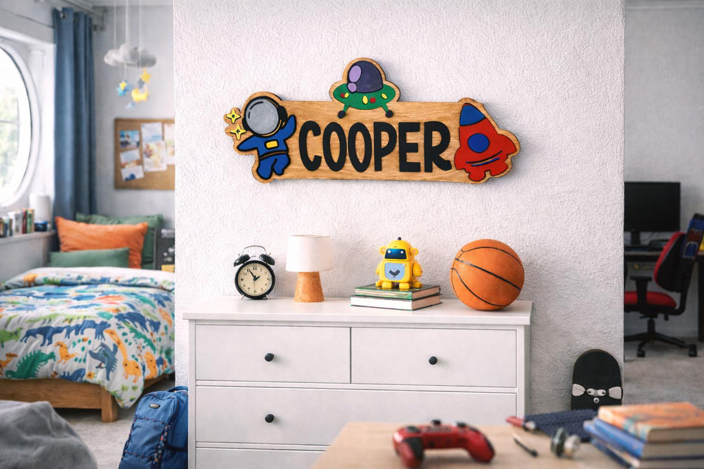 Space Themed Name Sign – Personalized Astronaut & Rocket Wall Decor – Layered Wood Kids Room Gift
