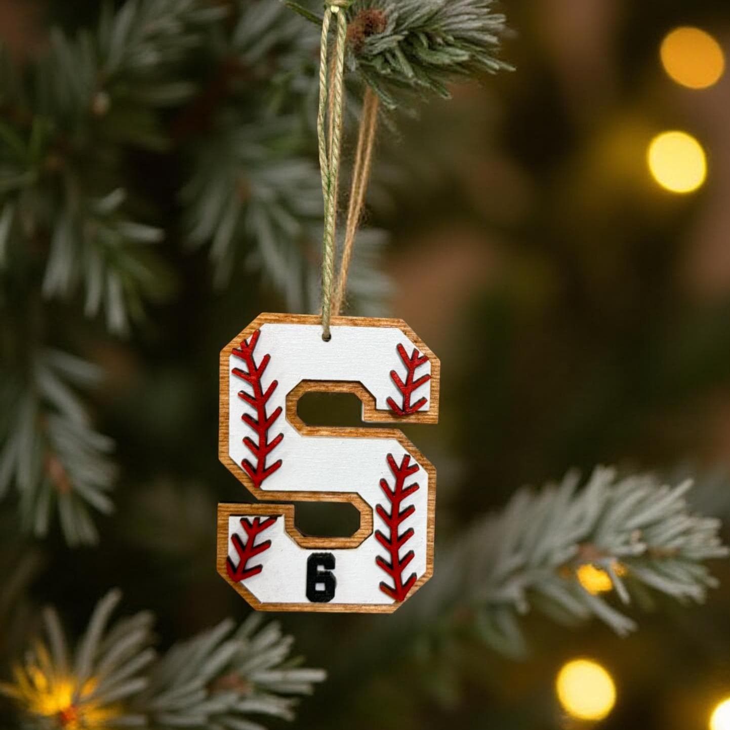 Personalized Baseball Ornament – Custom Letter & Jersey Number – 4” Multi-Layered Wood Sports Christmas Decoration – Player or Coach Gift Handmade Seasonal Decor