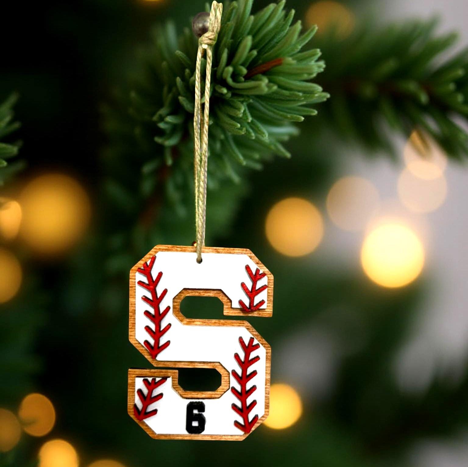 Personalized Baseball Ornament – Custom Letter & Jersey Number – 4” Multi-Layered Wood Sports Christmas Decoration – Player or Coach Gift Handmade Seasonal Decor