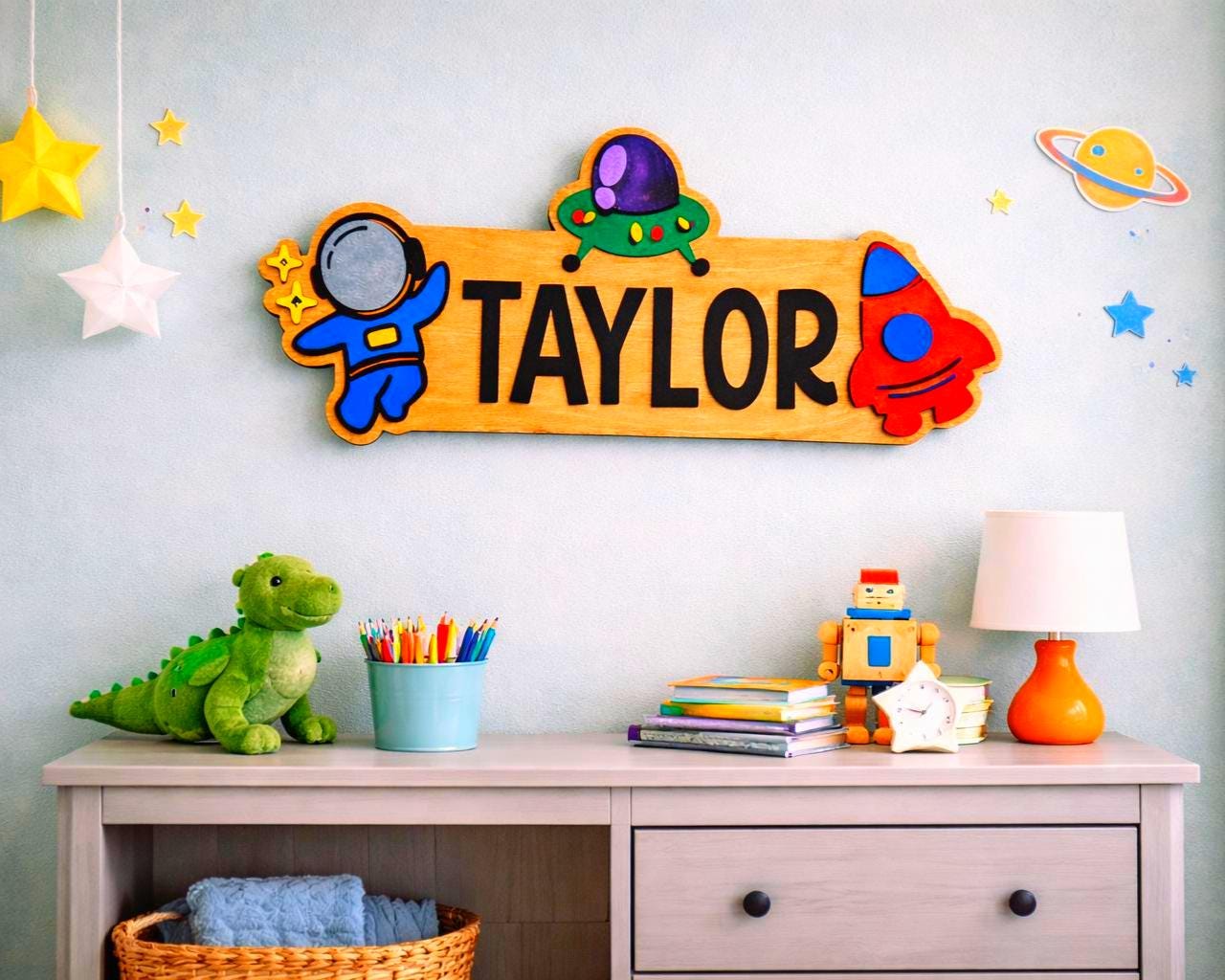 Space Themed Name Sign – Personalized Astronaut & Rocket Wall Decor – Layered Wood Kids Room Gift