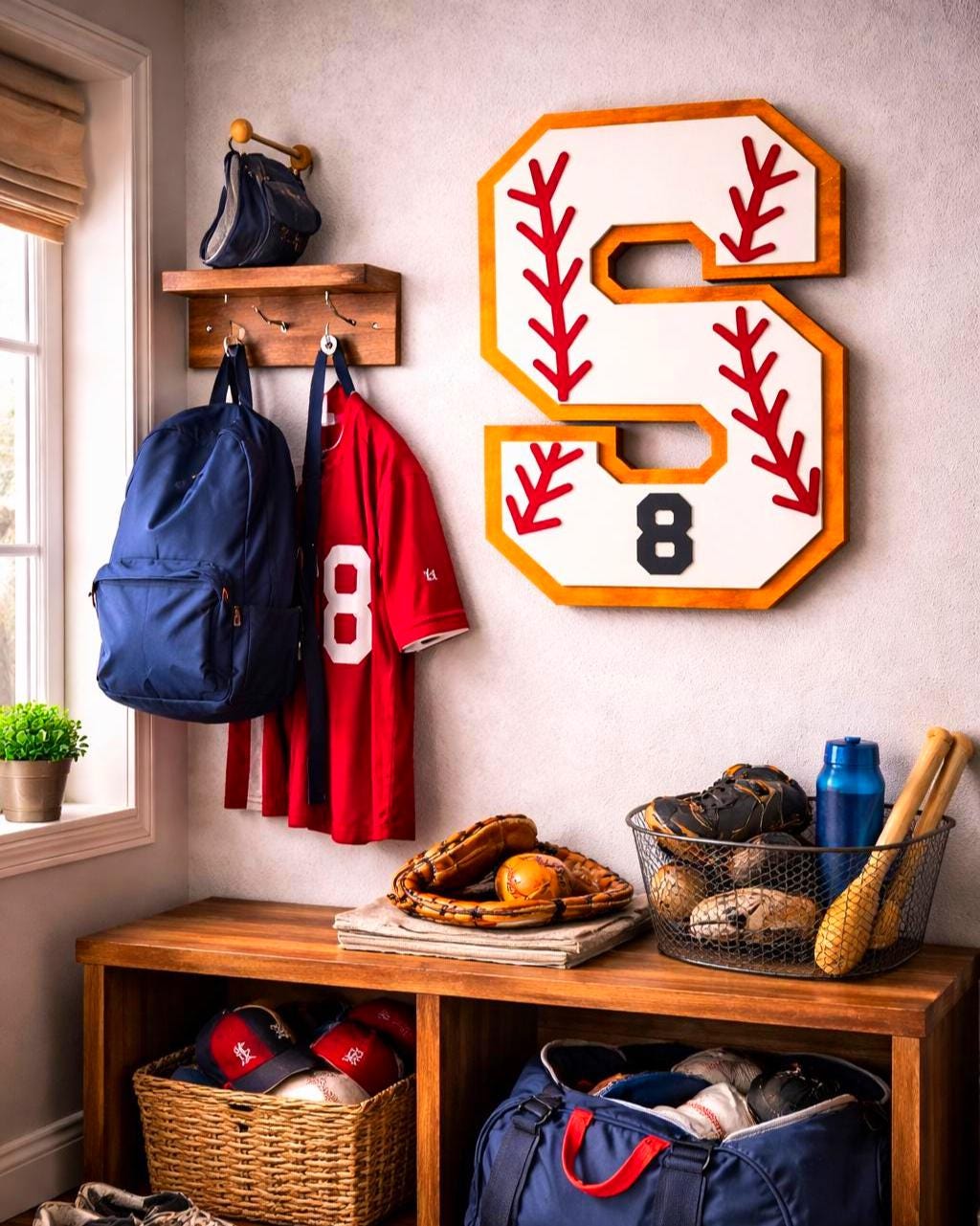 Personalized Baseball Letter Sign with Custom Number • Wooden Sports Wall Hanging • Baseball Room Decor
