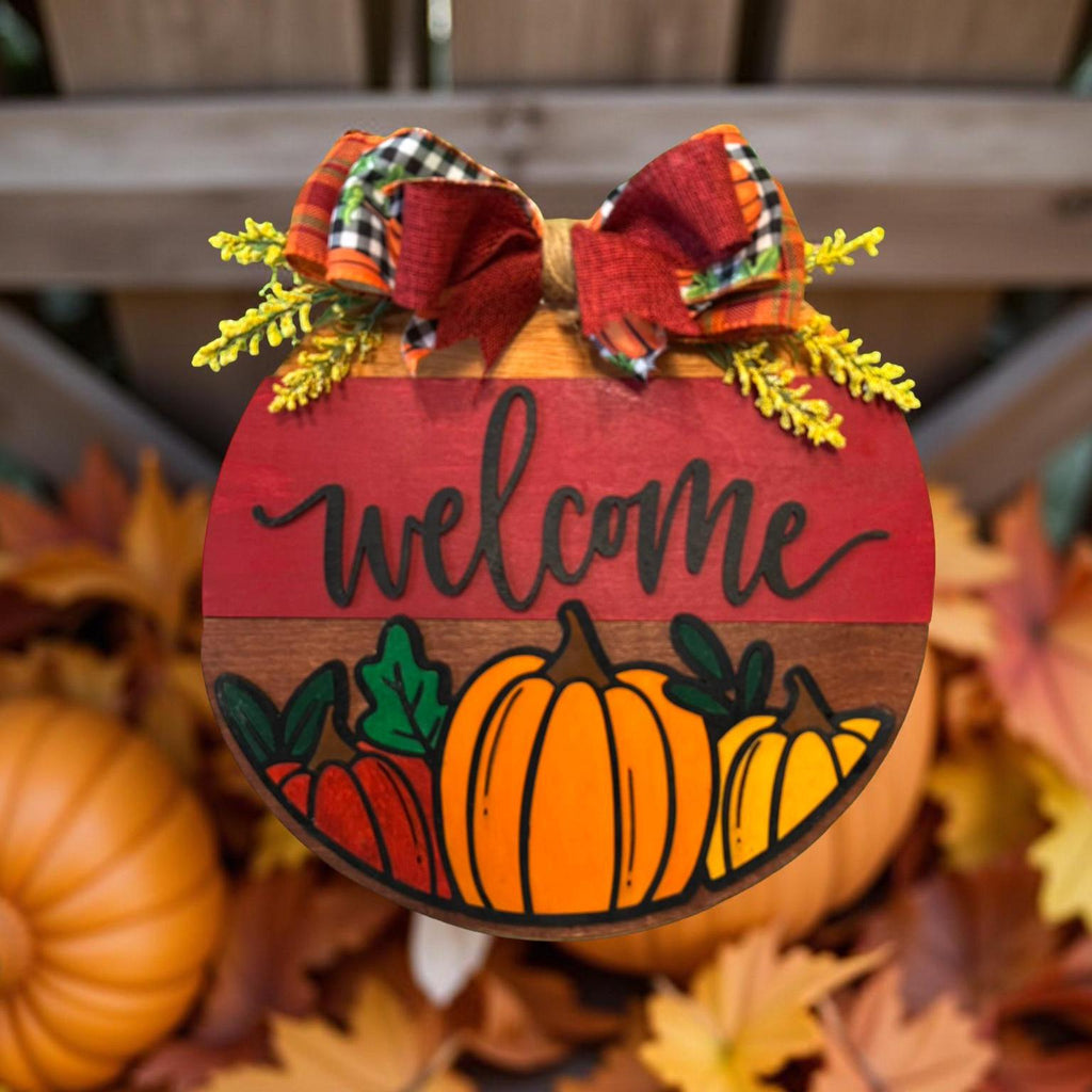 Fall Pumpkin Welcome Sign | Layered Wooden Door Hanger | Autumn Front Door Decor Seasonal Door Hanger