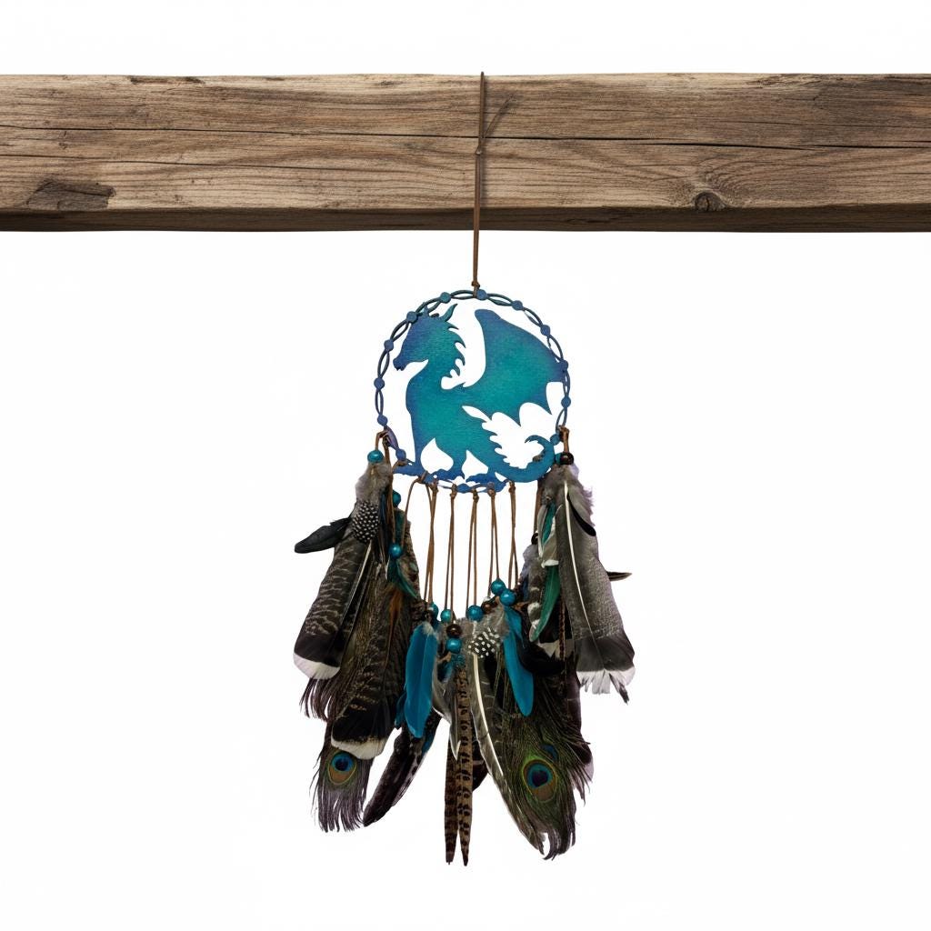 Dream Catcher Hanging with Feathers – Handmade Dragon Gift for Bedroom or Wall Handmade Wood Decor