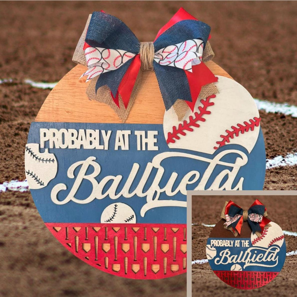 Baseball Sign Probably at the Ballfield: Multi-Layered Wooden Decor with Bow